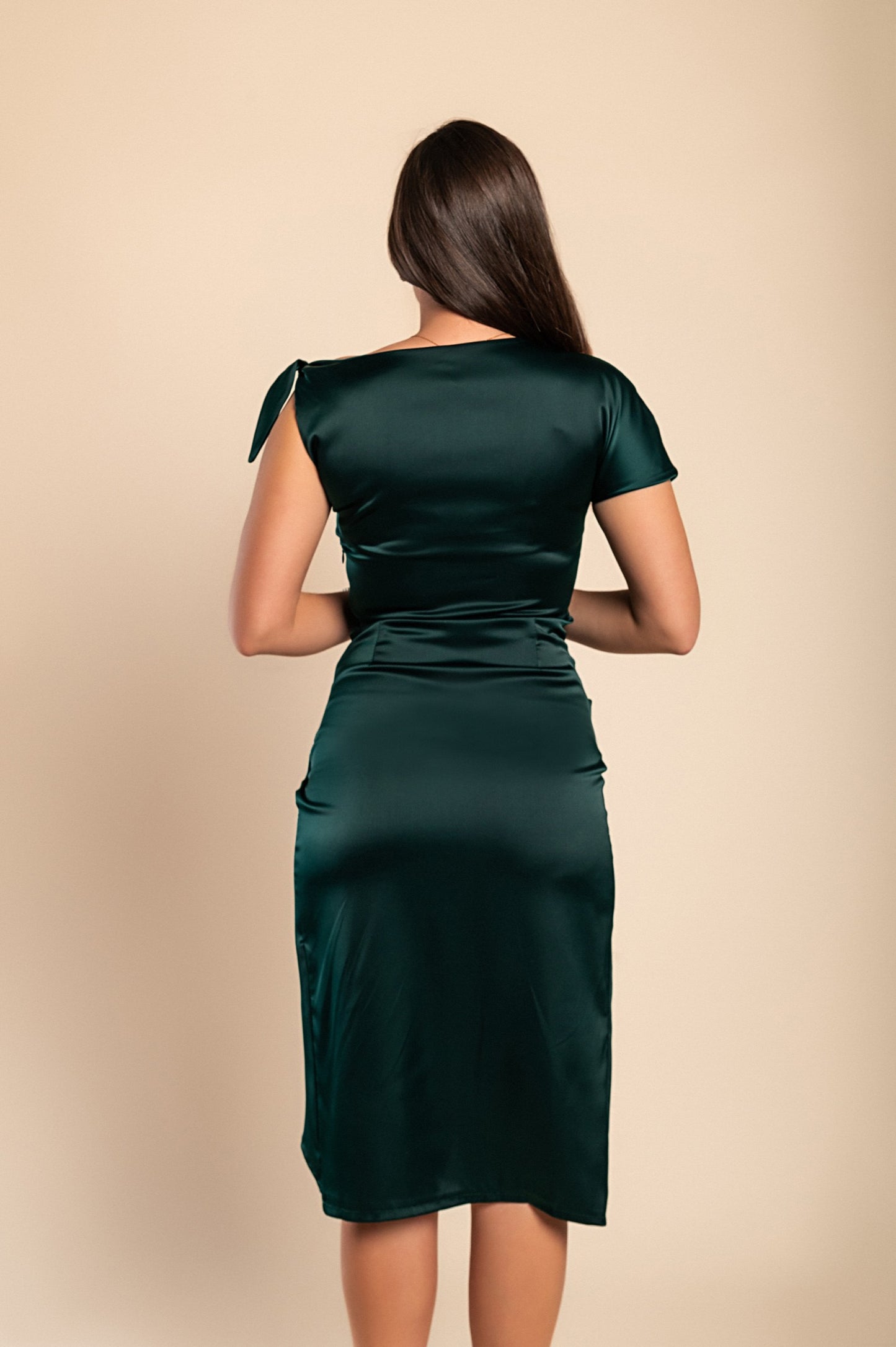 Abito midi elegante con dettagli arricciati, verde
