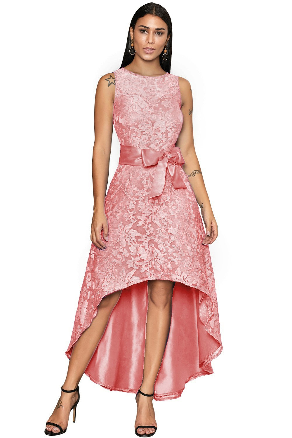 Abito elegante mini smanicato con bellissimo pizzo Suzan, rosa