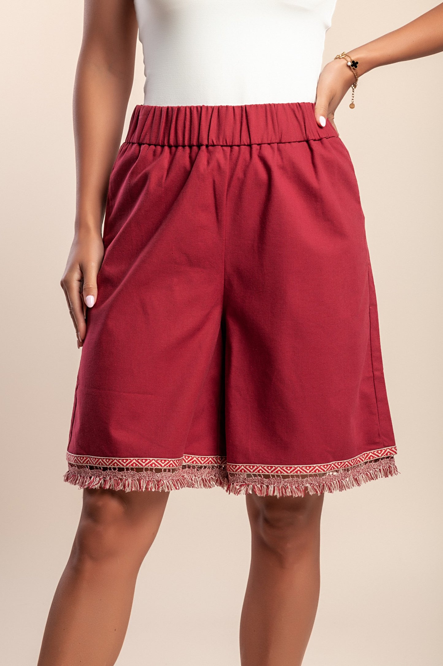 Shorts in misto cotone e lino, bordeaux