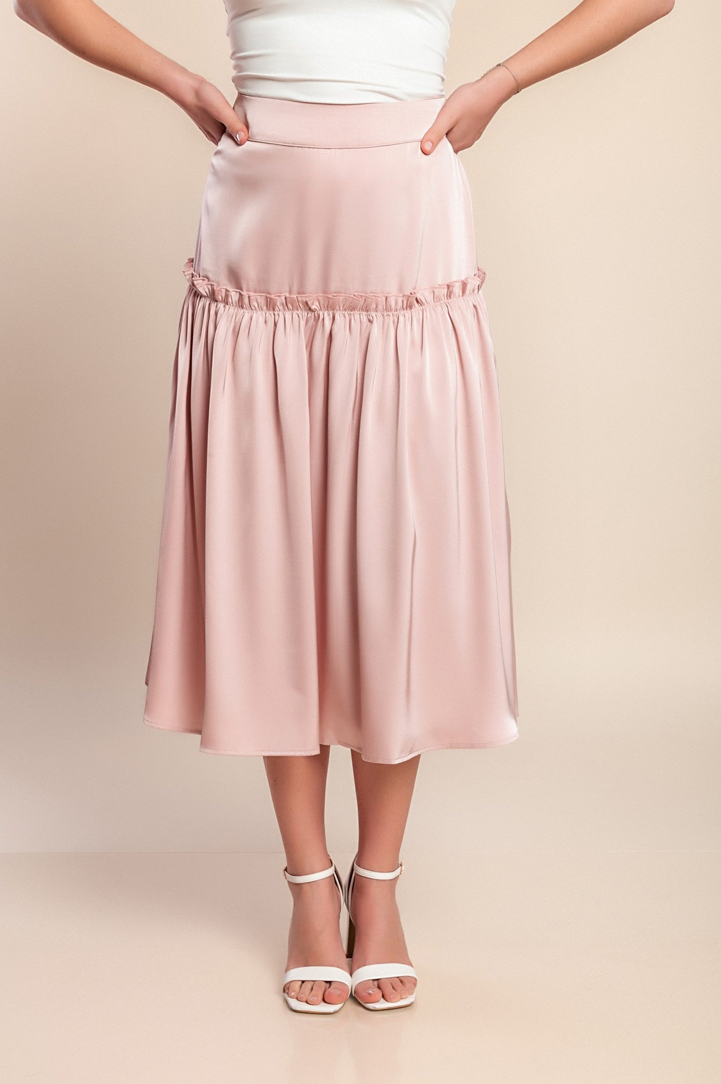 Gonna midi con volant, rosa chiaro
