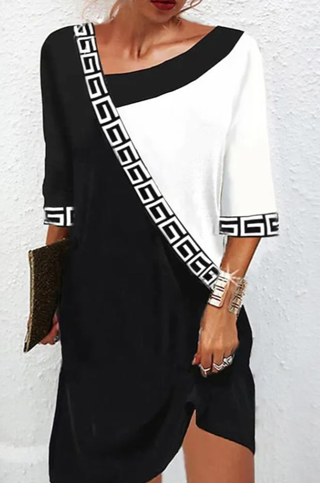 Abito elegante con stampa geometrica, bianco e nero