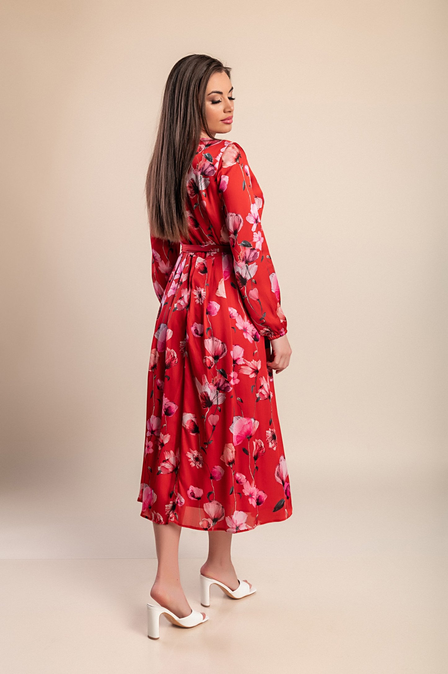Abito midi con stampa floreale, rosso