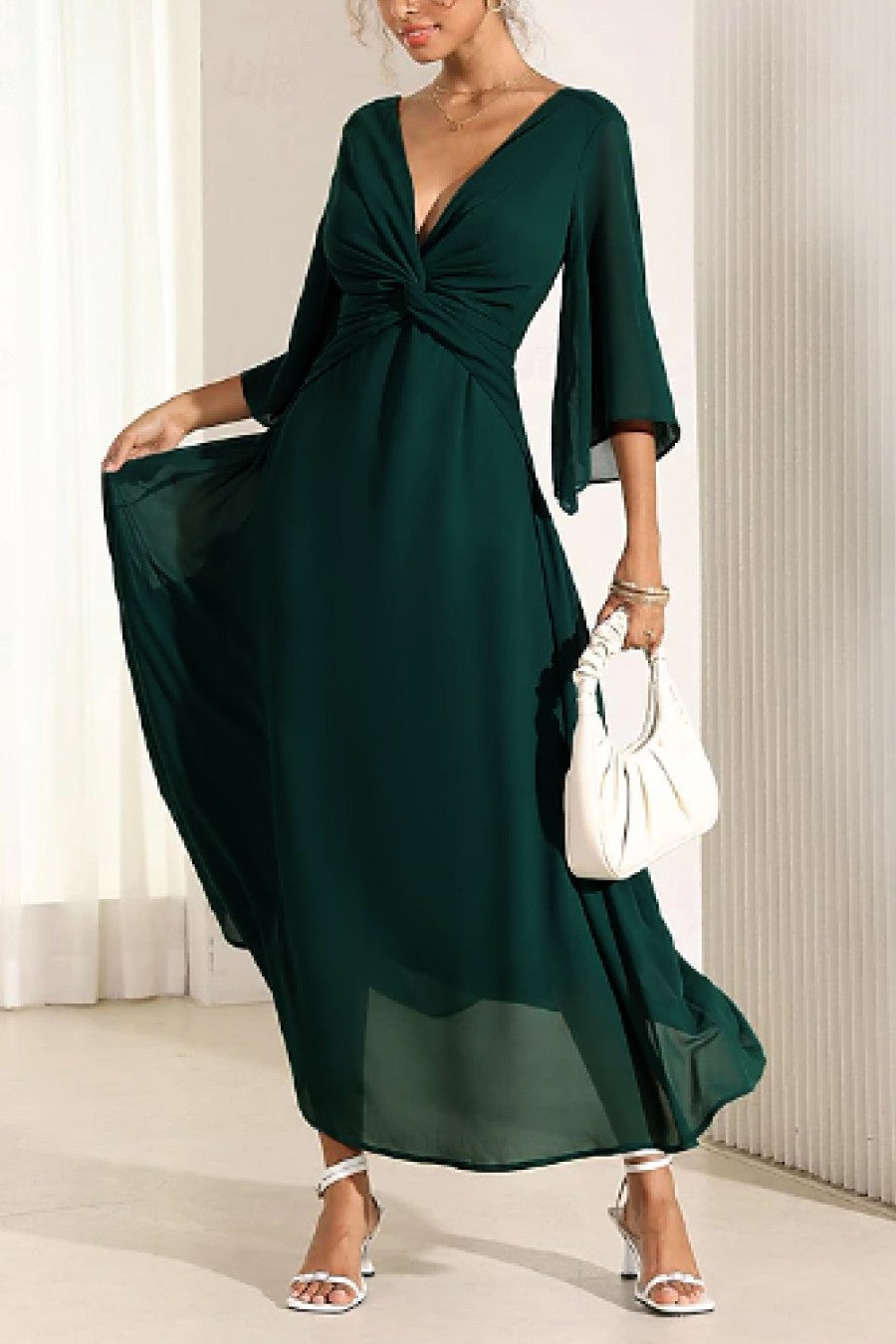 Abito lungo con scollo a V, verde scuro