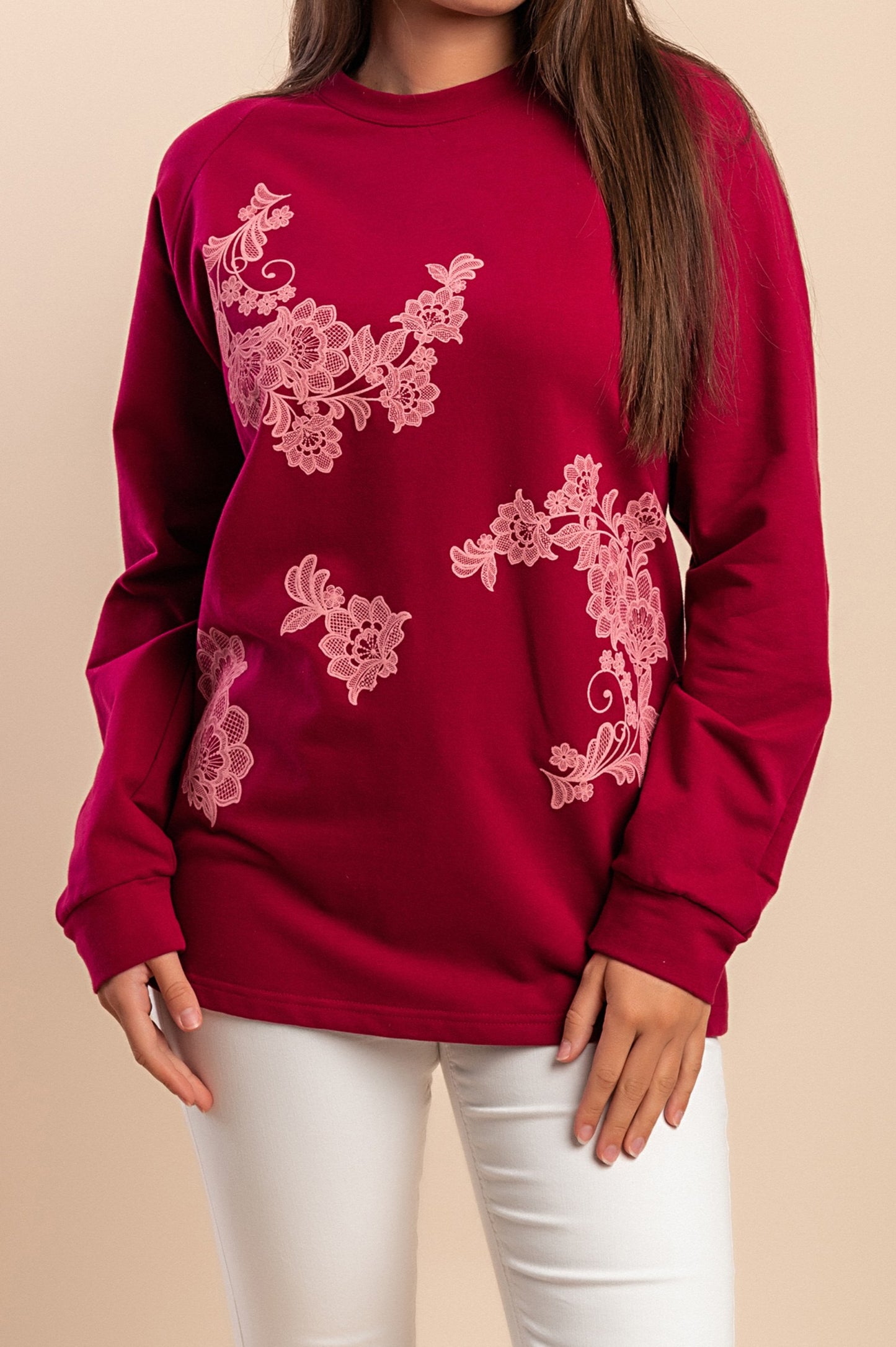 Top in cotone a maniche lunghe, fucsia