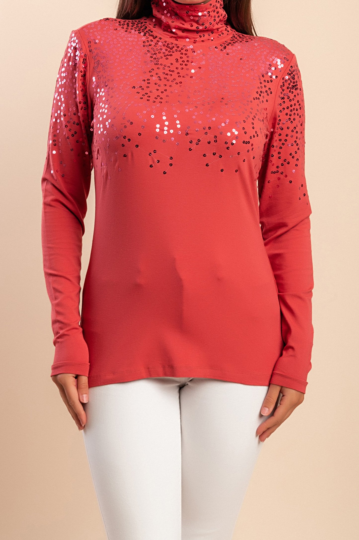 Top con collo alto e paillettes, rosa