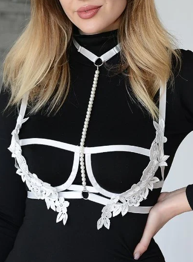Cintura a bretella - Reggiseno con spalline elastiche con pizzo e finte perle, ART2801, bianco