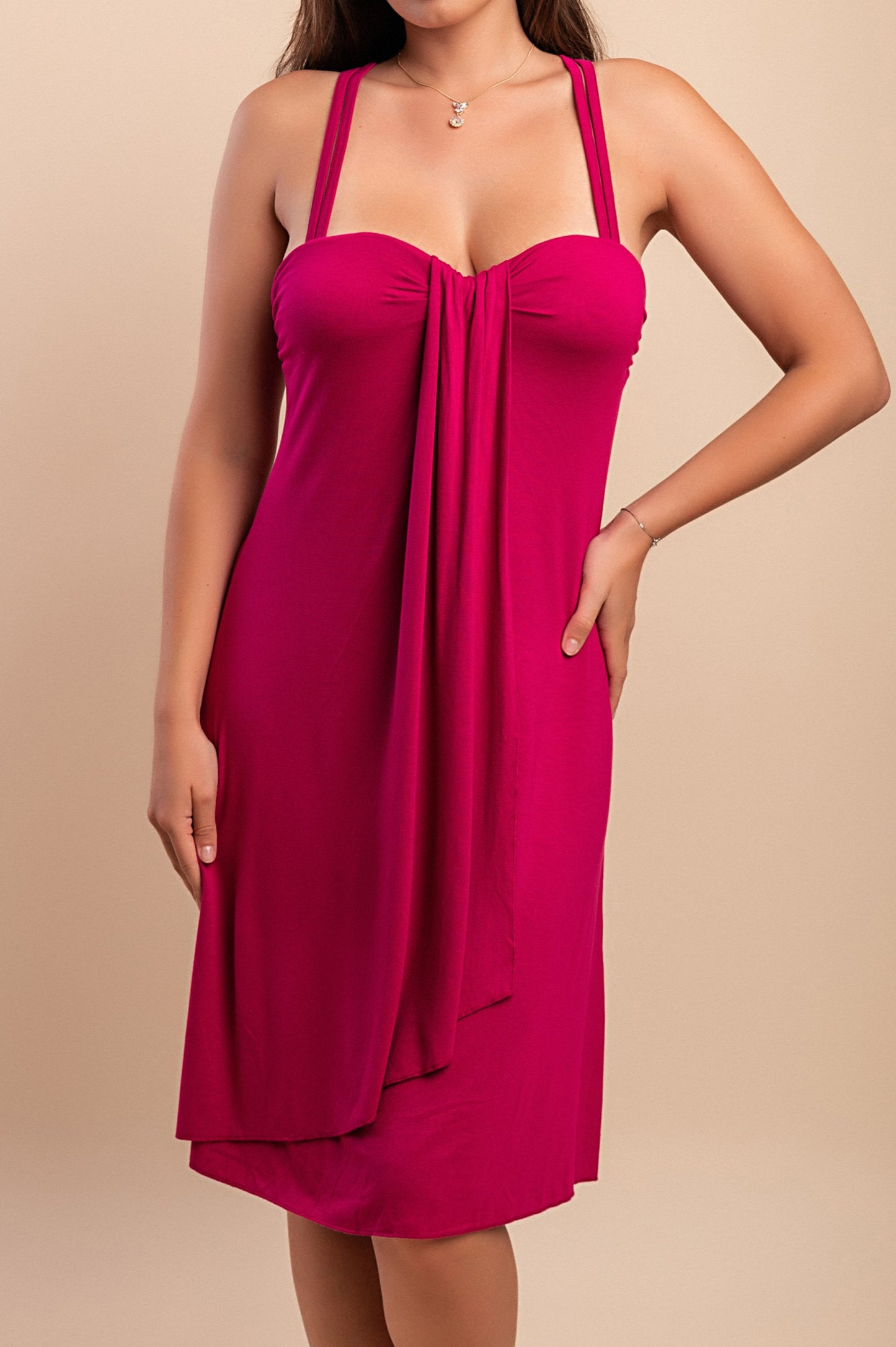 Abito midi con spalline, fucsia