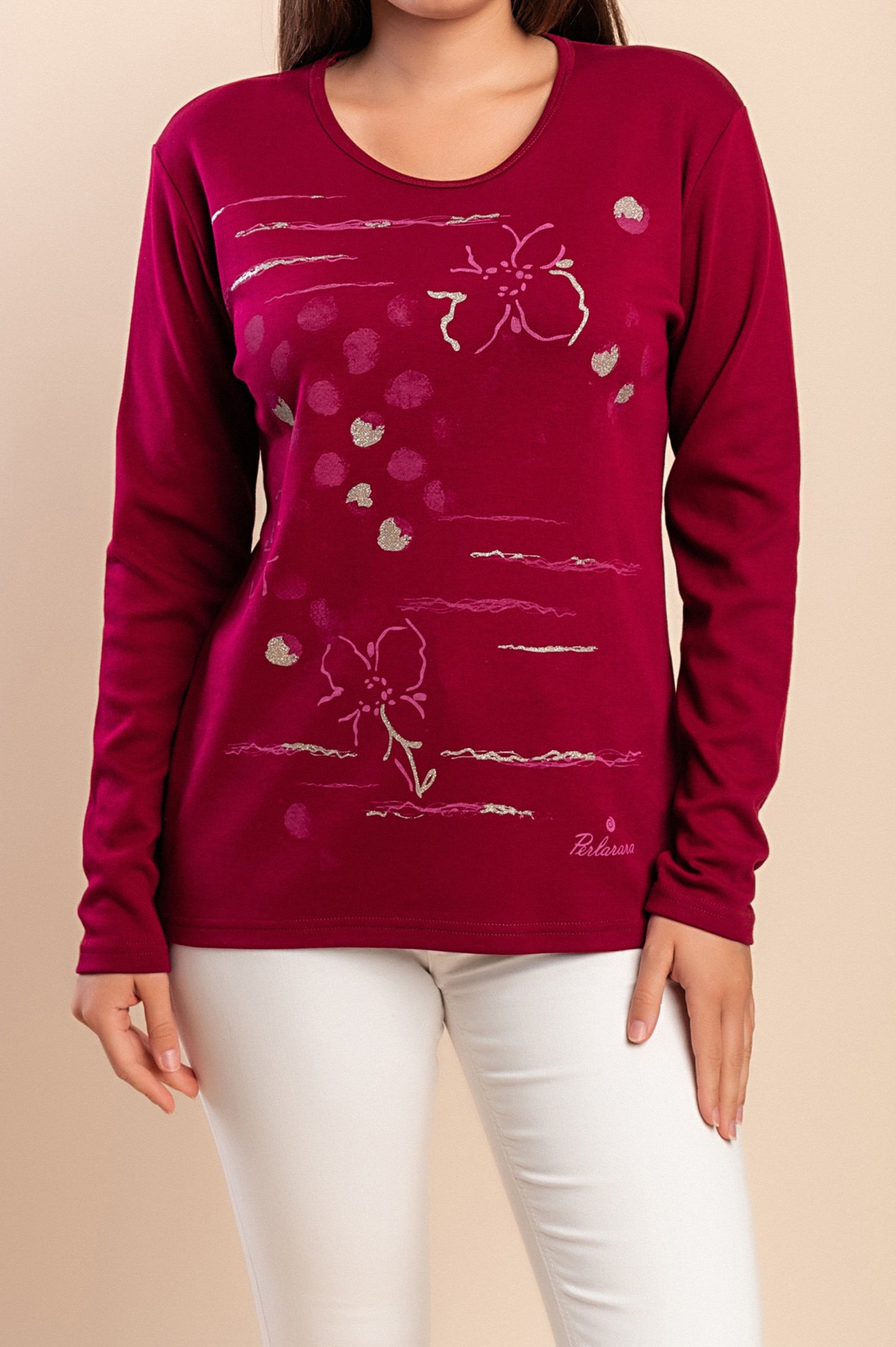 T-shirt a maniche lunghe con stampa, bordeaux