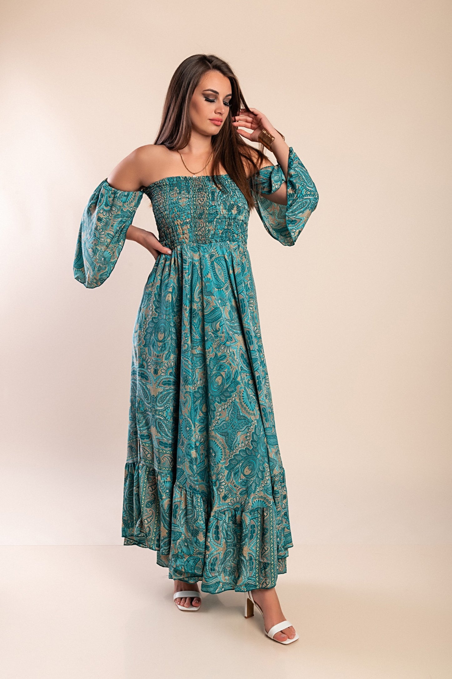 Abito maxi con stampa, multicolore