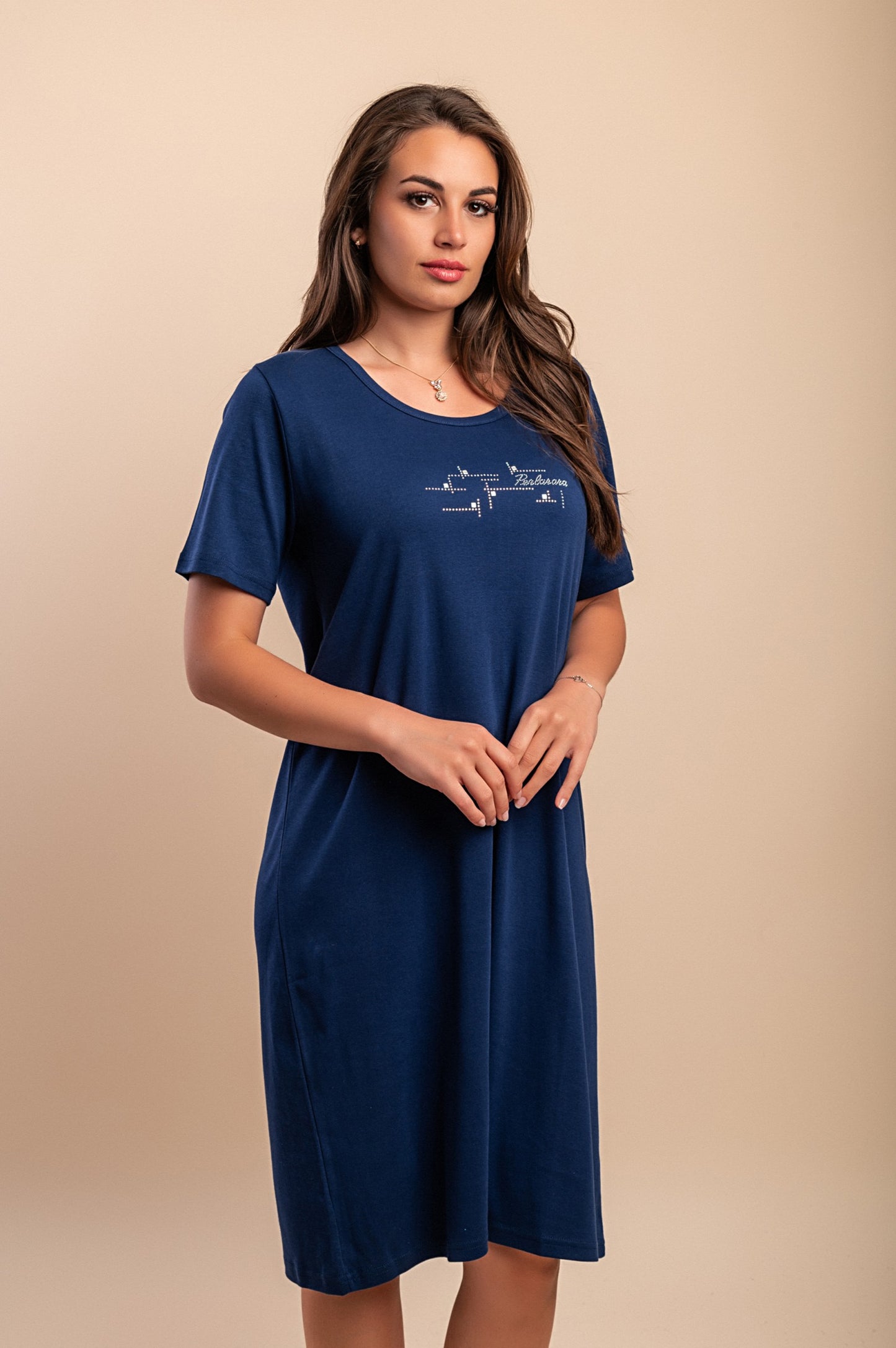 Abito in cotone a maniche corte, blu scuro