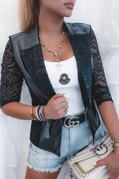 Blazer in ecopelle con inserti in pizzo traslucido Amalfi, nero