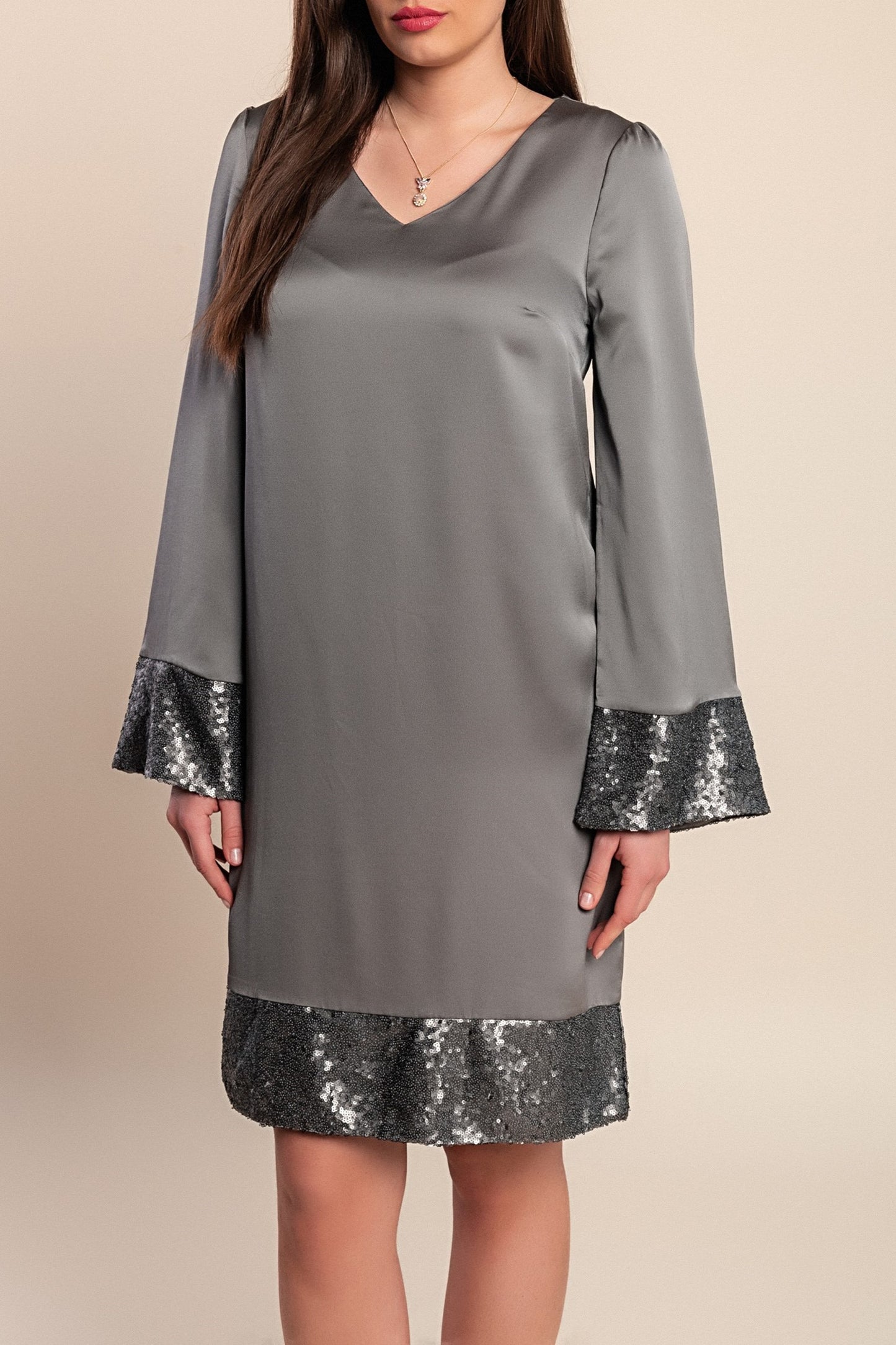 Abito a maniche lunghe con paillettes, grigio