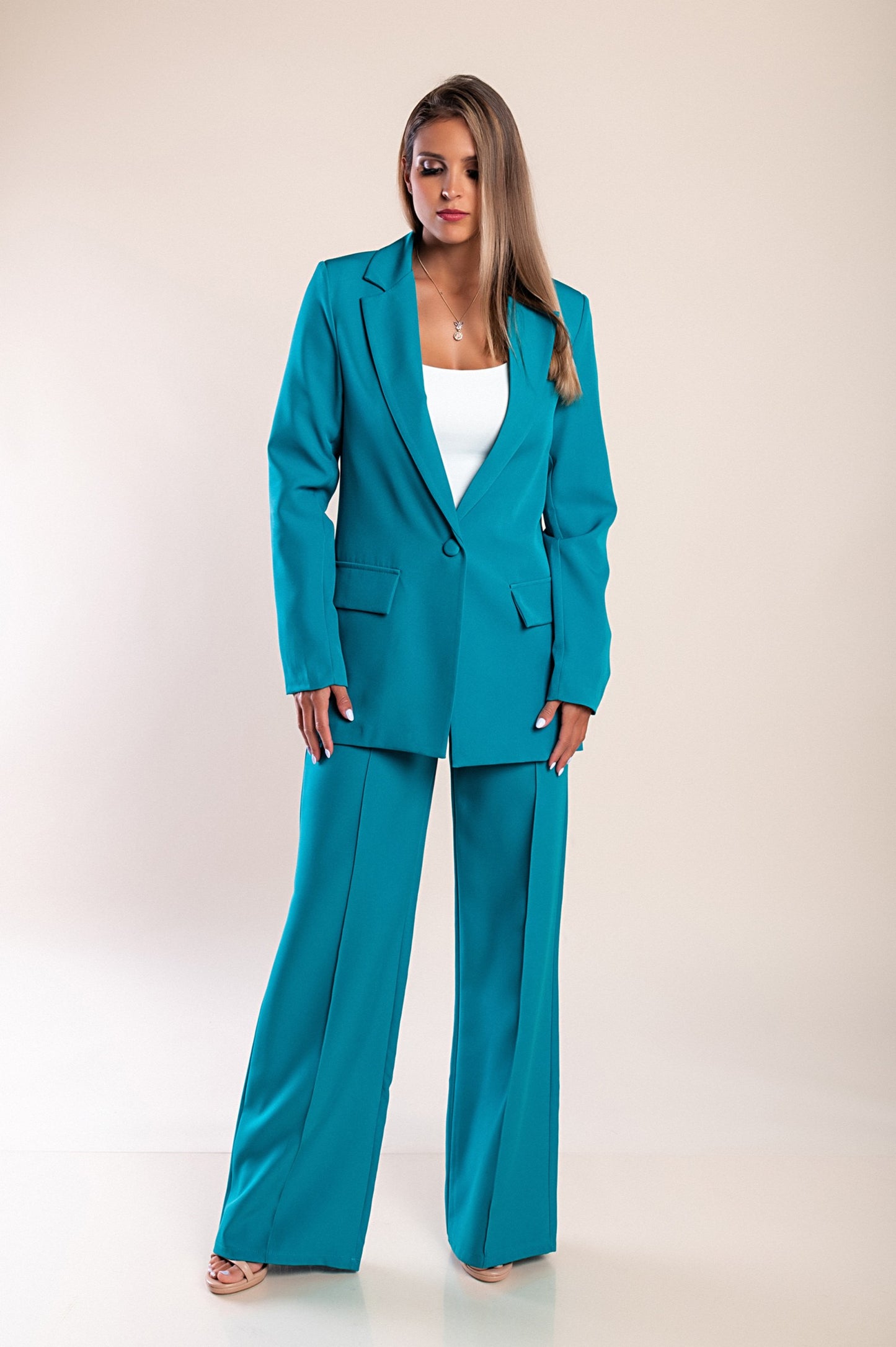 Tailleur pantalone elegante monocolore, petrolio
