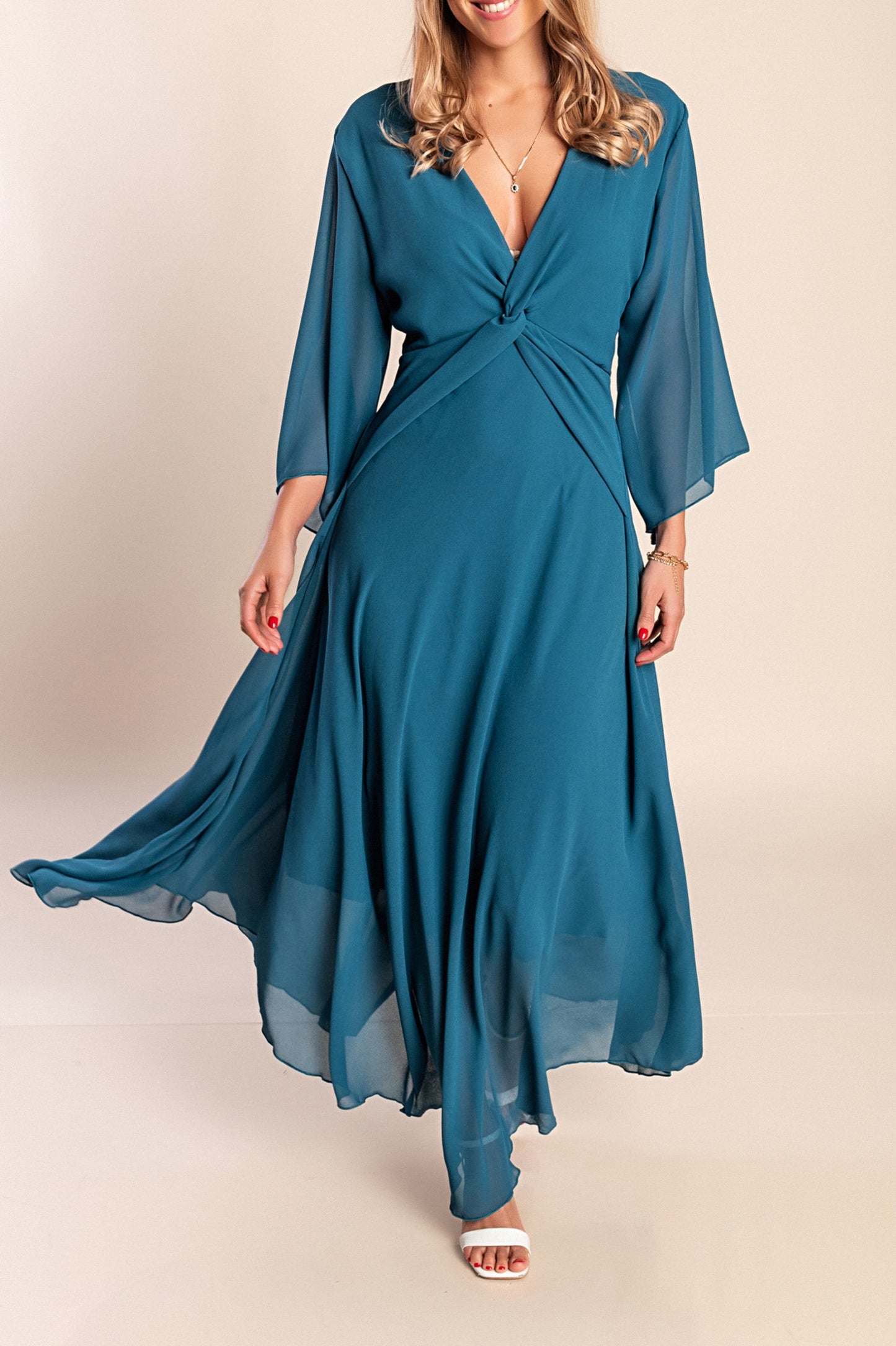 Abito lungo con scollo a V, verde scuro