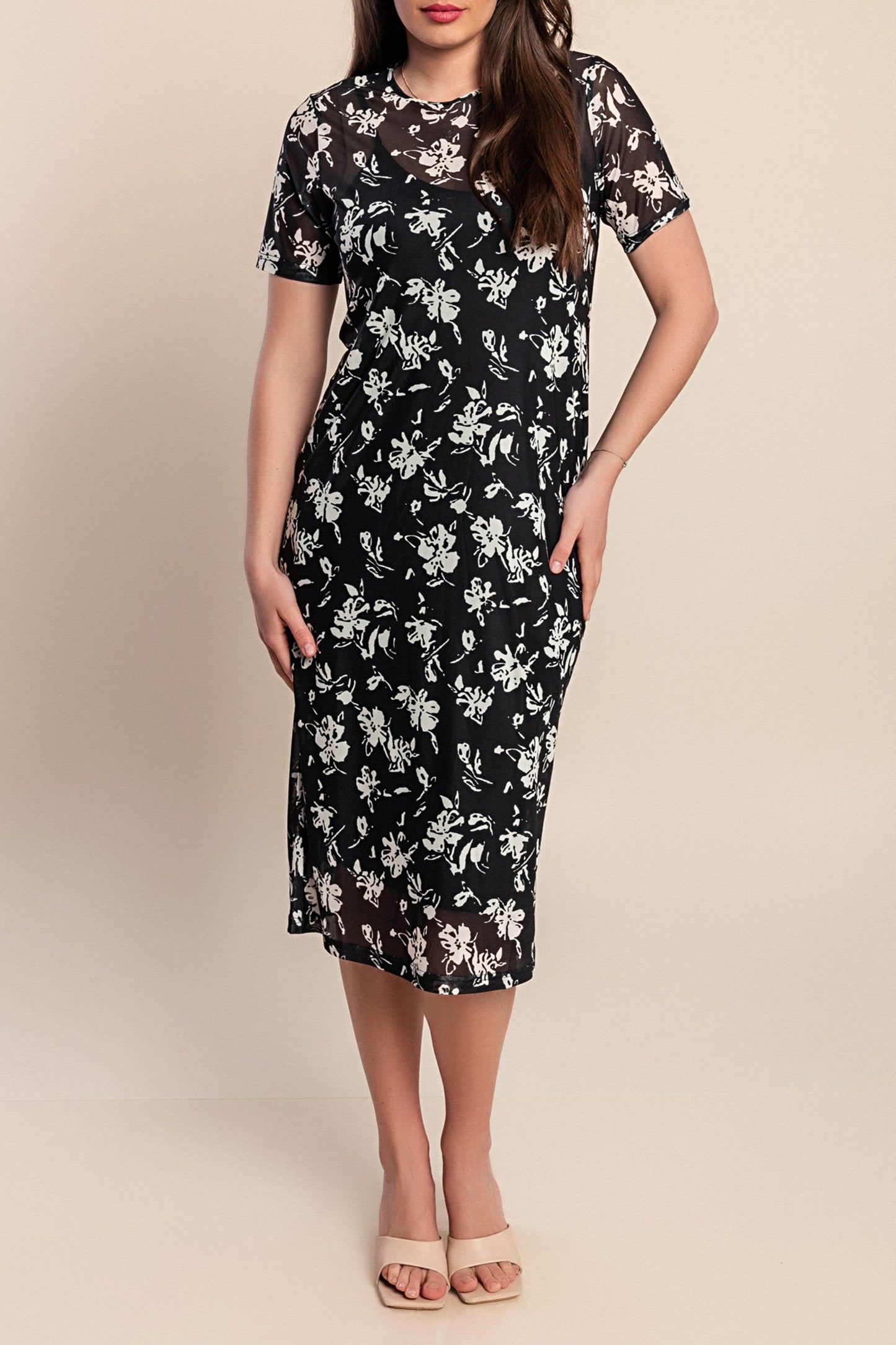 Elegante abito midi con stampa, nero