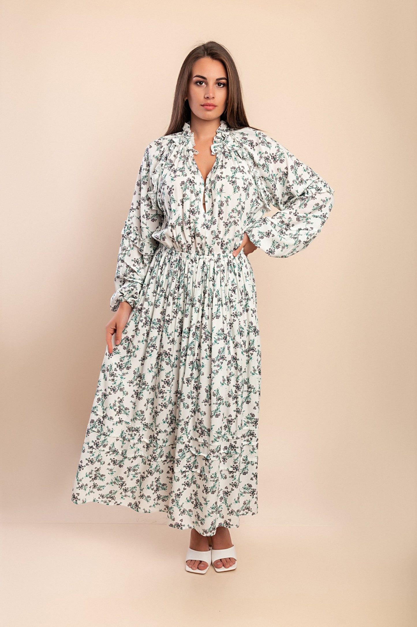 Abito lungo con stampa floreale, bianco