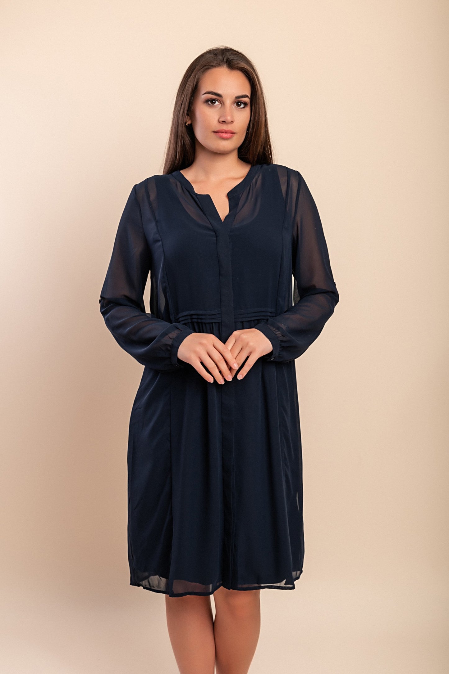 Abito midi taglie forti con maniche lunghe, blu scuro