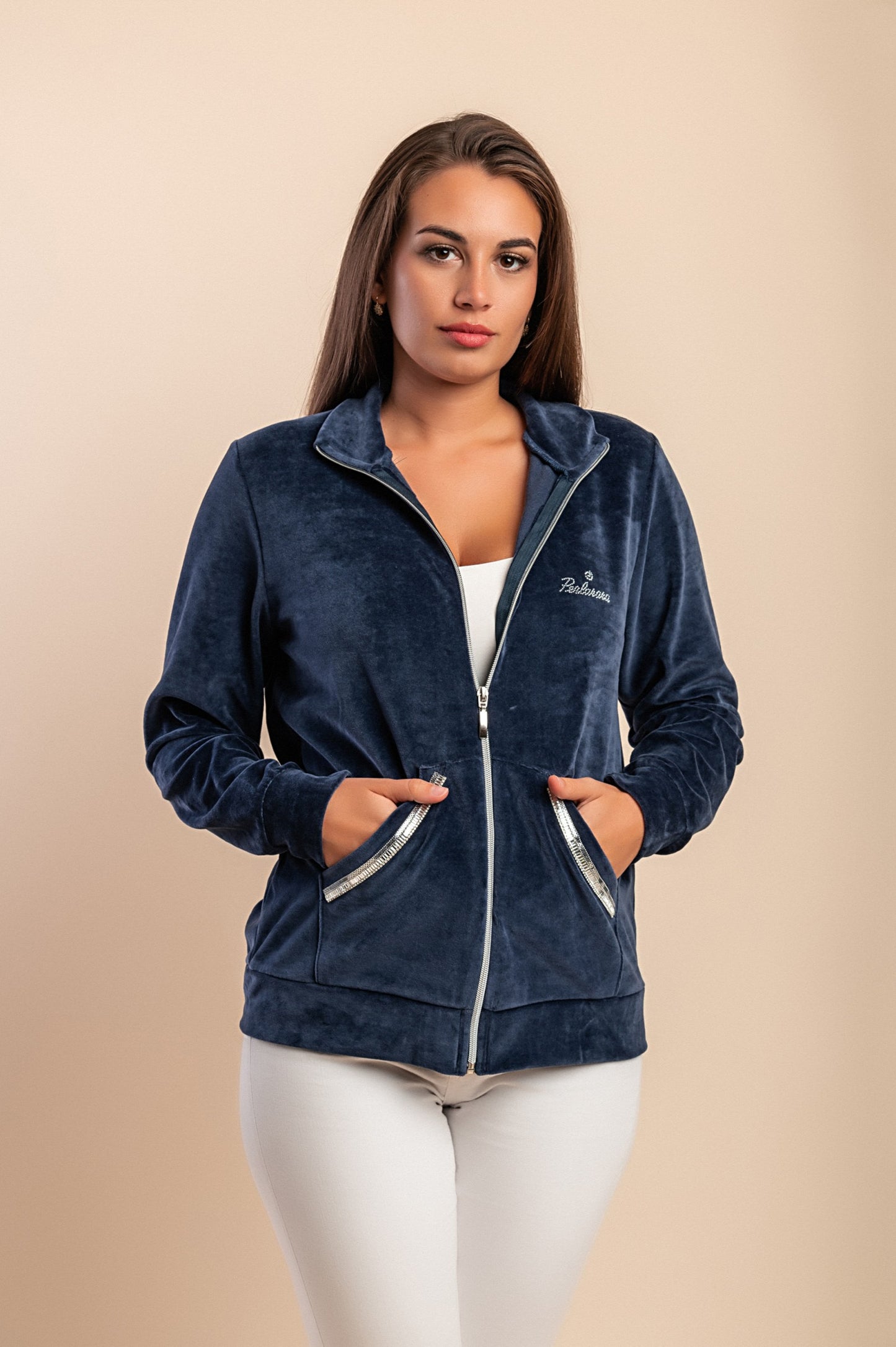 Felpa con zip in cotone e velluto sintetico, blu scuro