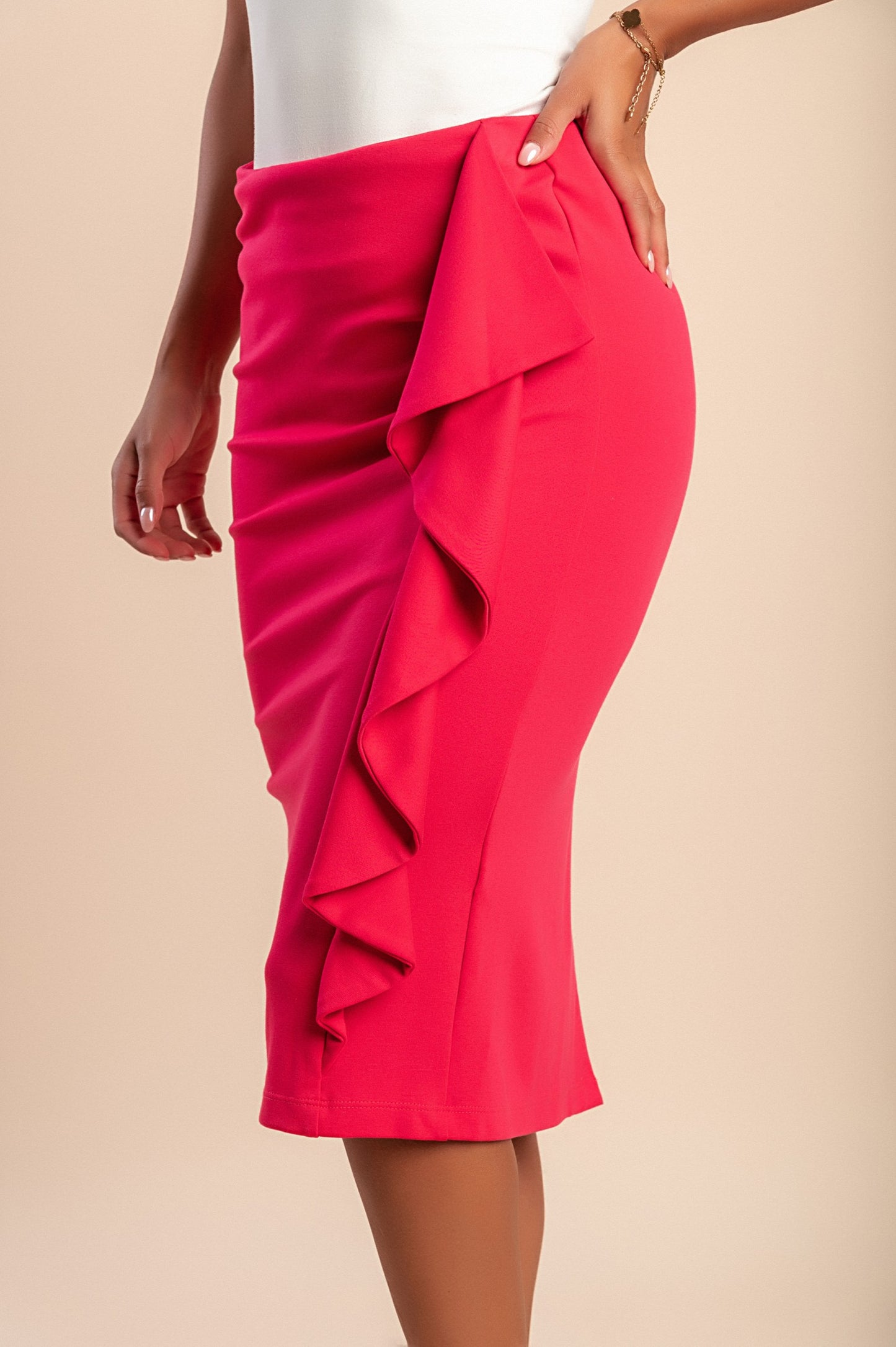Gonna midi con volant, fucsia