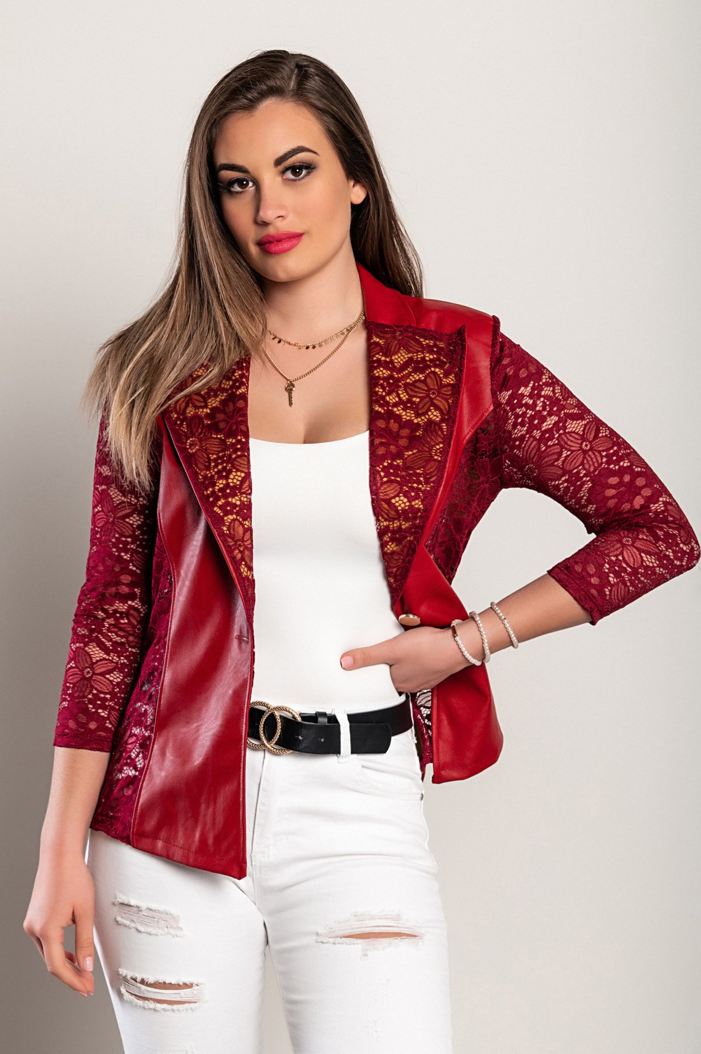 Blazer in similpelle con pizzo Amalfi, blu scuro