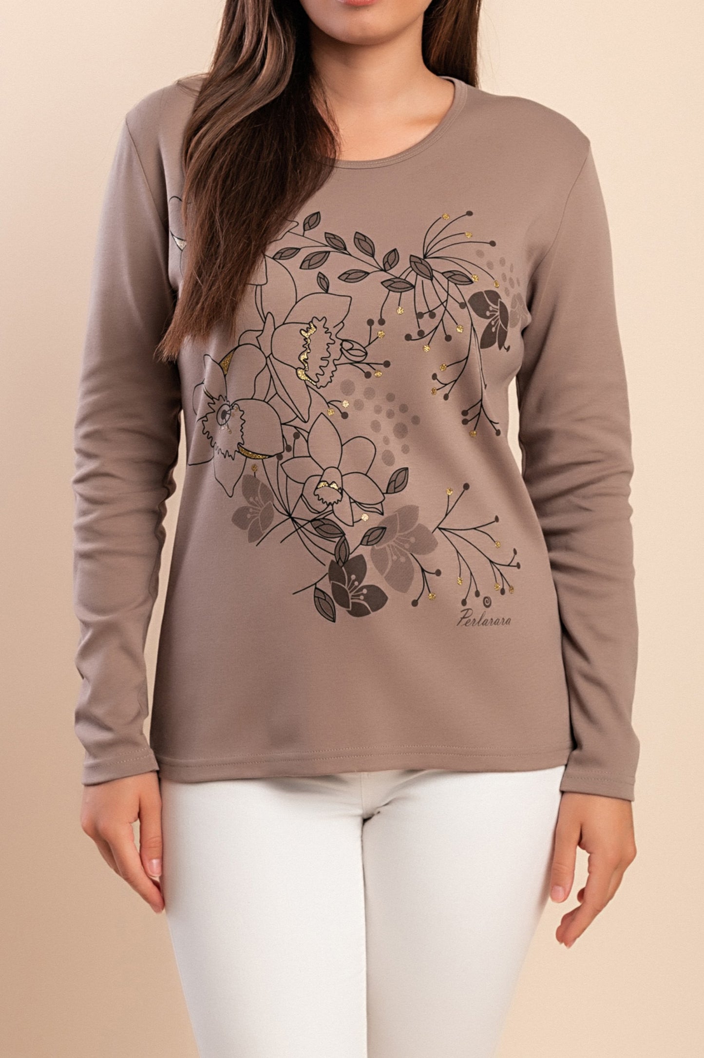 T-shirt a maniche lunghe con stampa, beige
