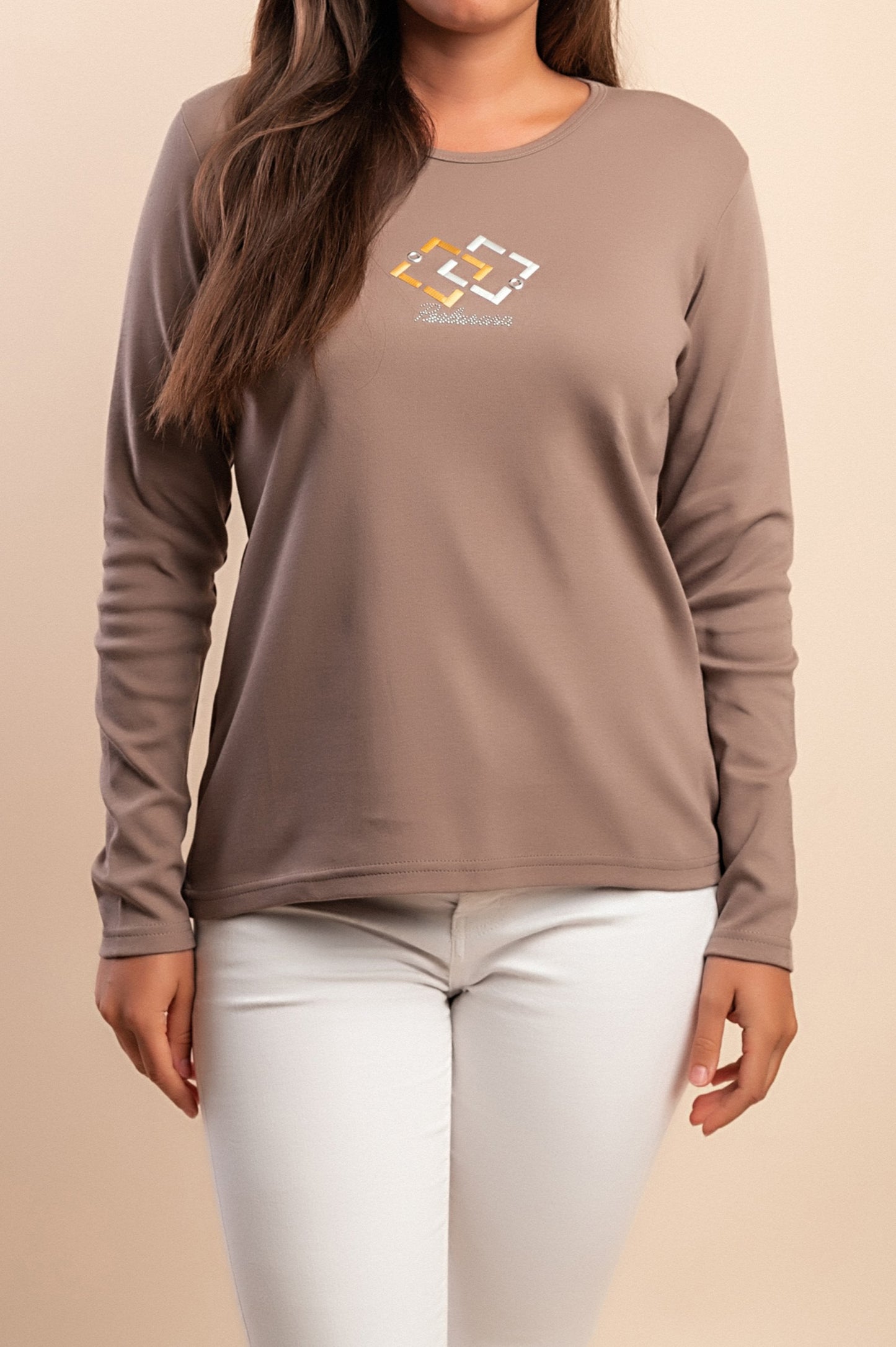 Top in cotone a maniche lunghe, beige