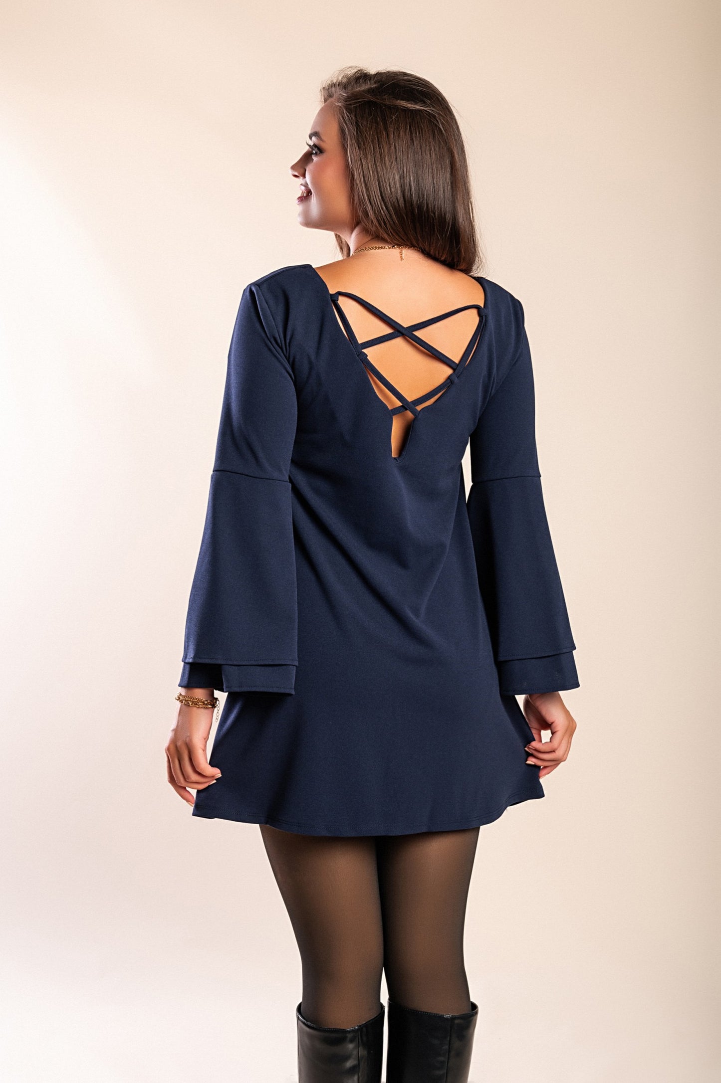 Vestito mini con maniche a campana Rania, senape