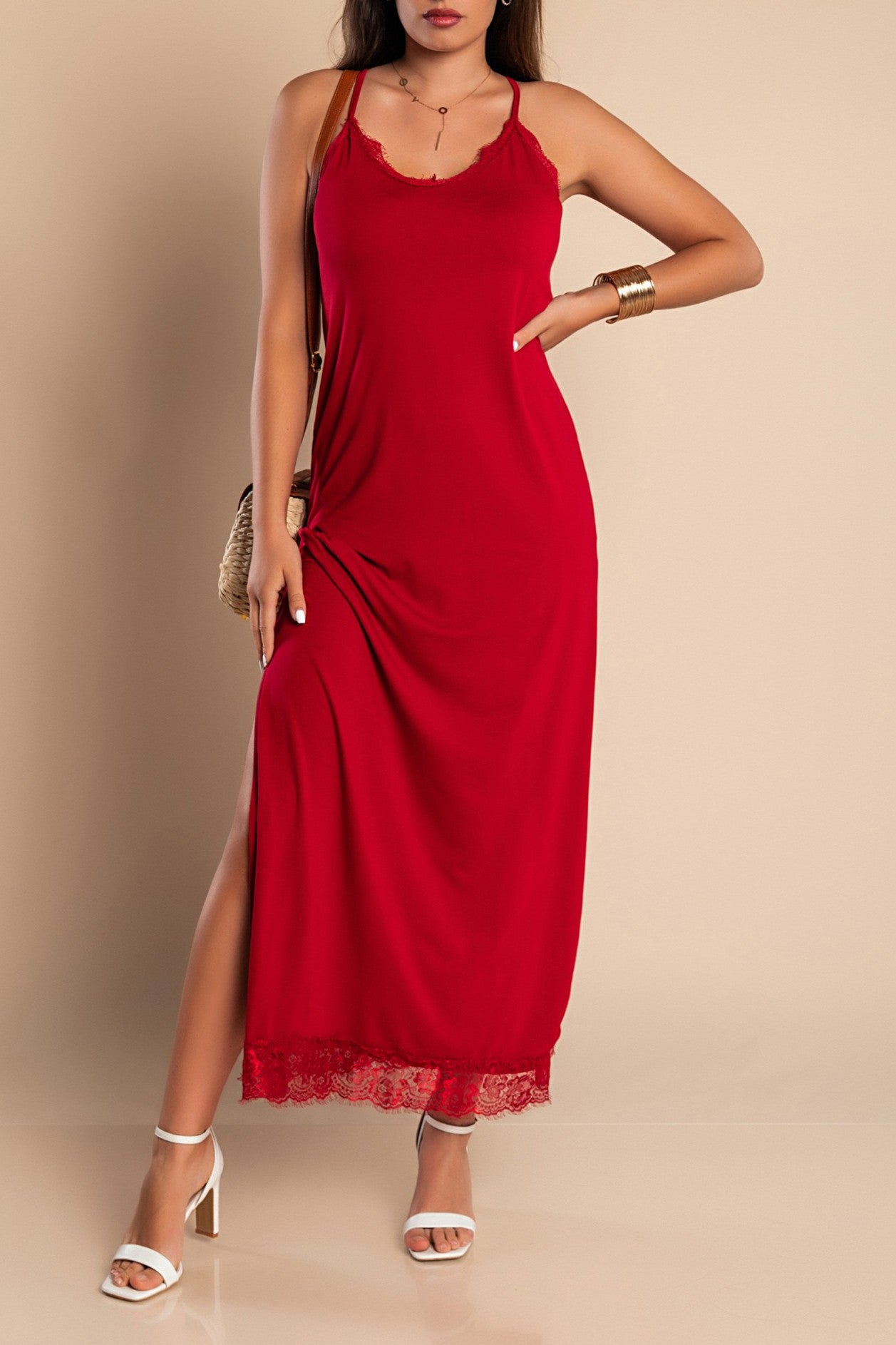 VESTITO MAXI CON PIZZO PRIMAROSA, NERO