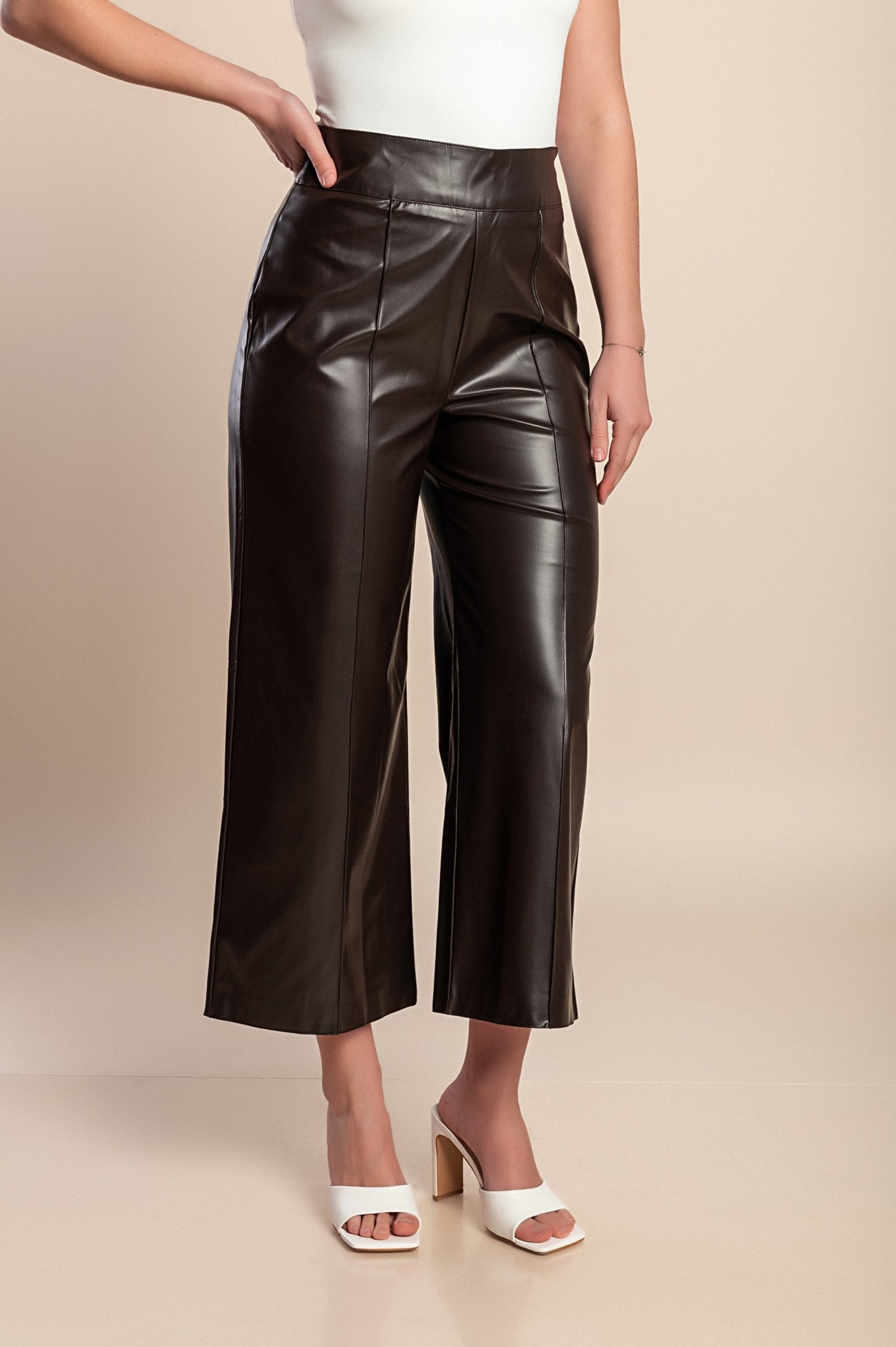 Pantaloni in pelle 7/8 taglie forti, marroni