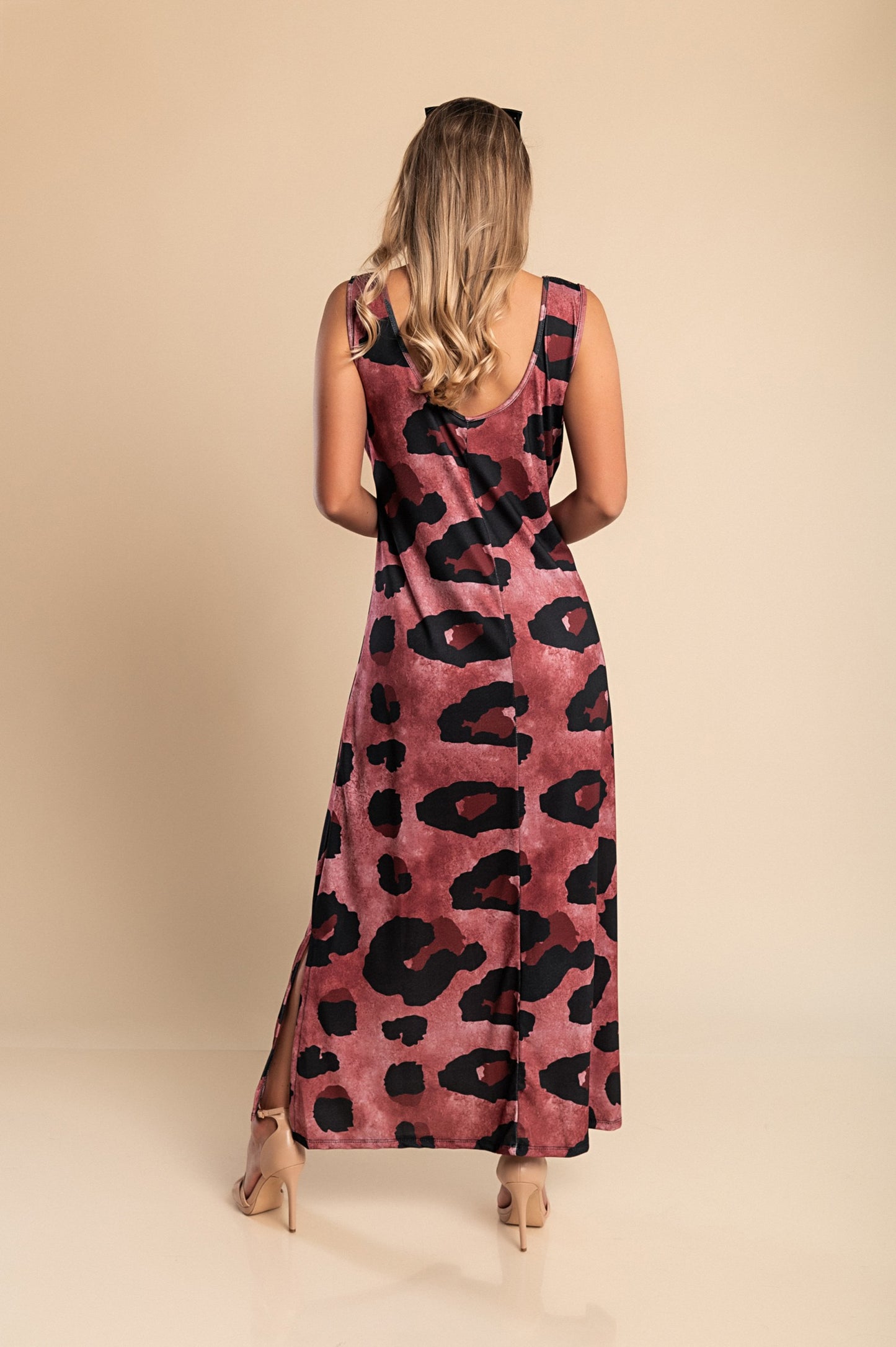 Abito lungo con stampa leopardata, blu