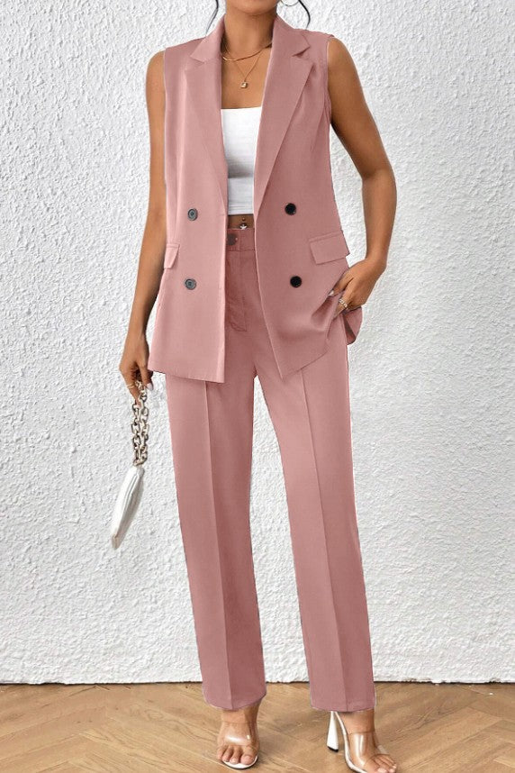 Elegante completo giacca senza maniche e pantaloni, blu