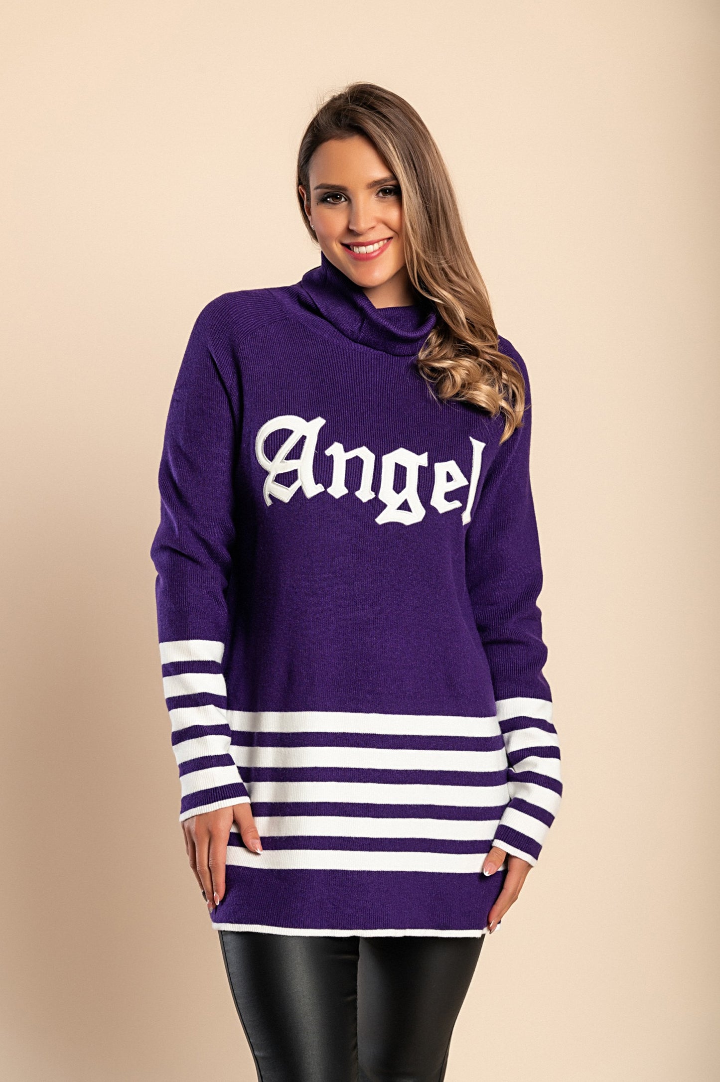 Maglia lunga a righe con motivo a righe, viola