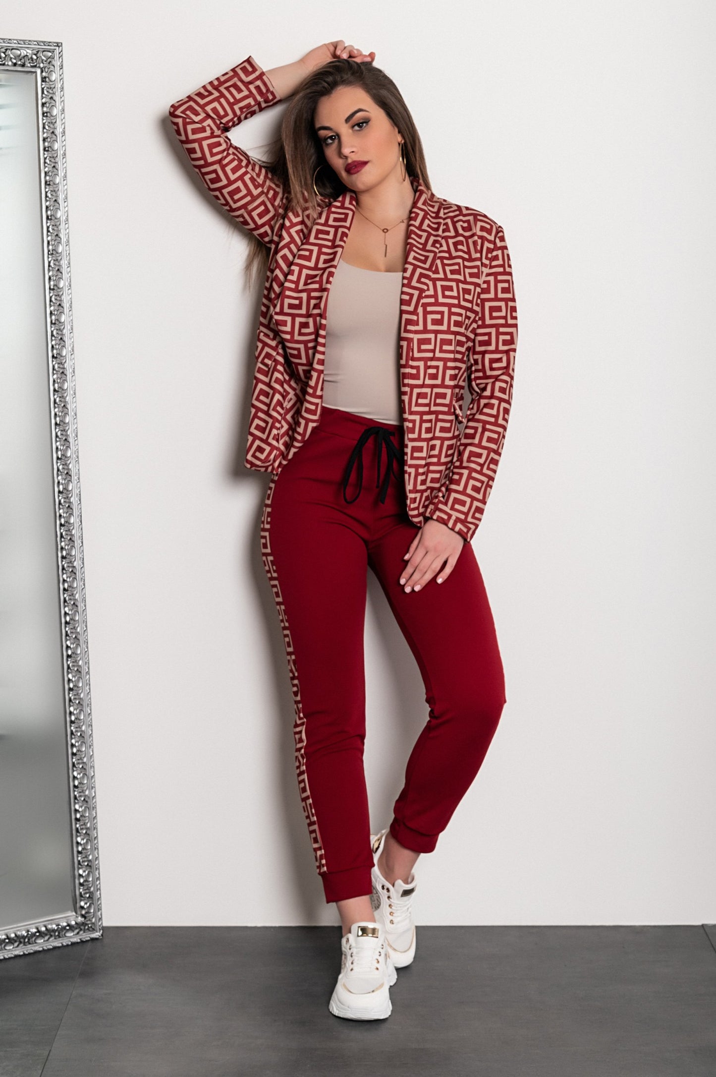 Completo pantalone con blazer elegante con stampa geometrica Nunzia, beige