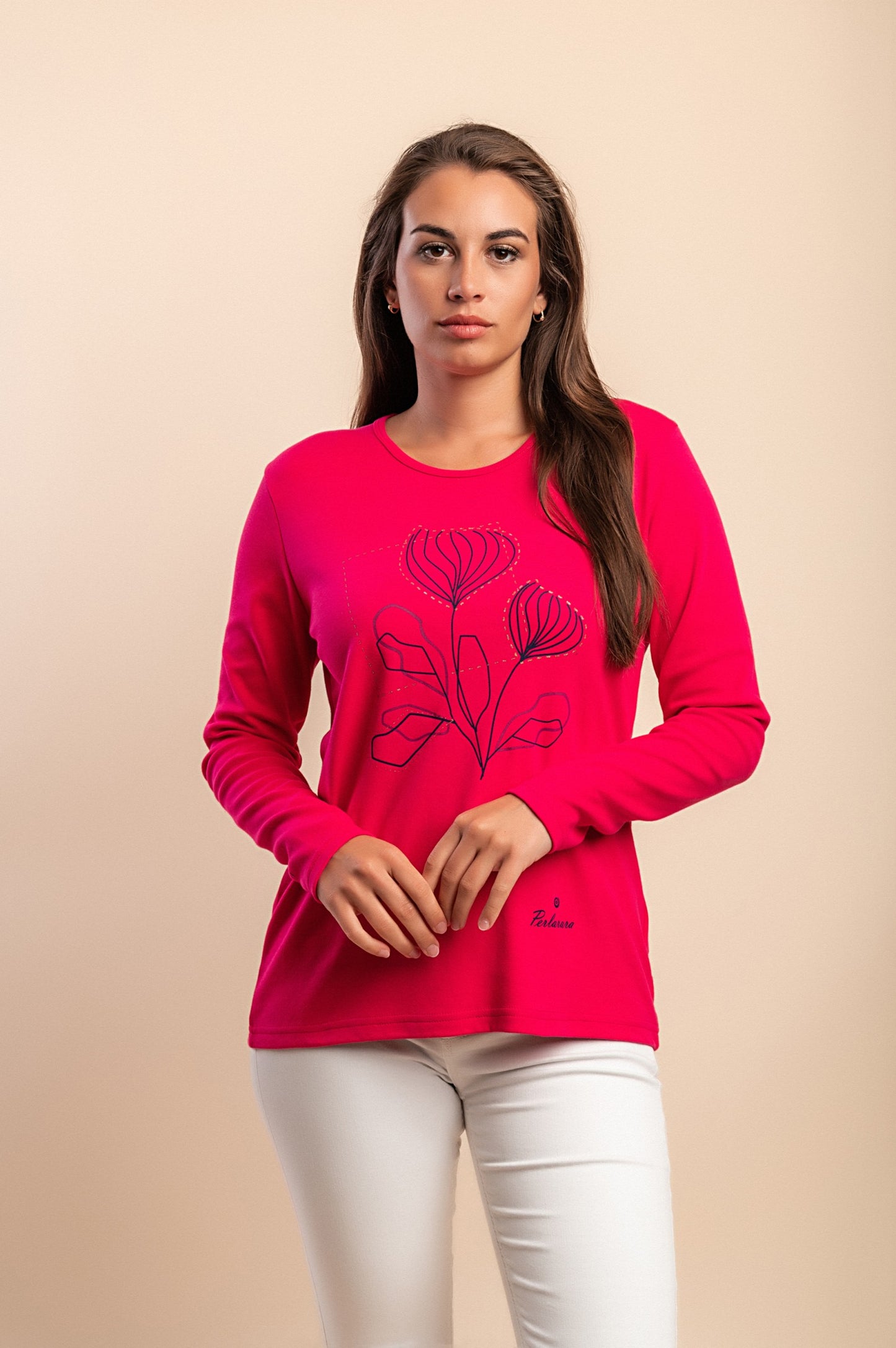 Top in cotone a maniche lunghe, Rosa