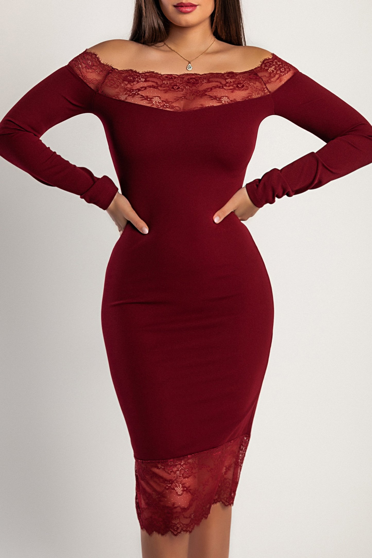 Abito elegante midi a maniche lunghe con dettaglio in pizzo trasparente Avignon, nero