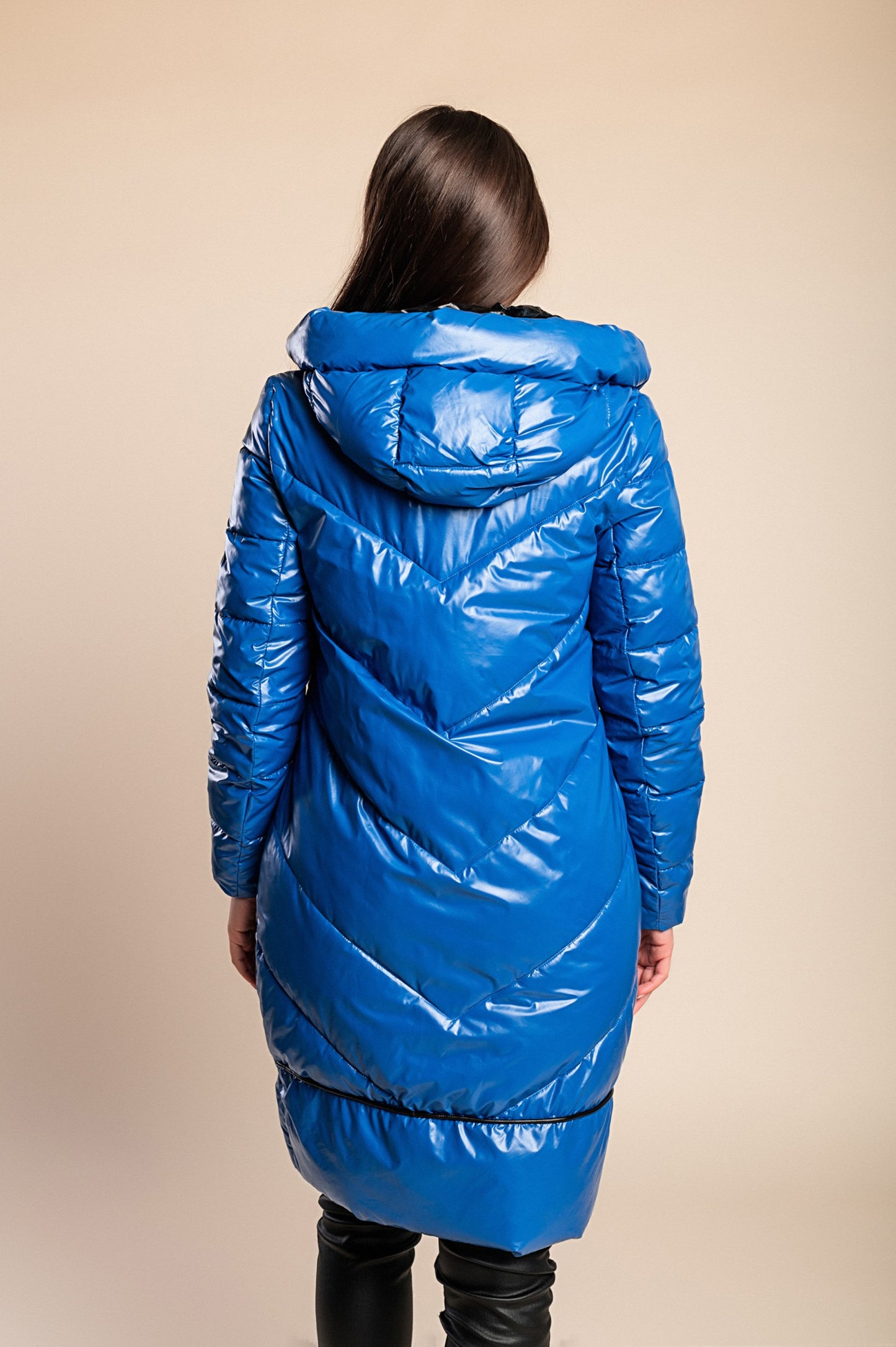Giacca invernale lunga con cappuccio, blu