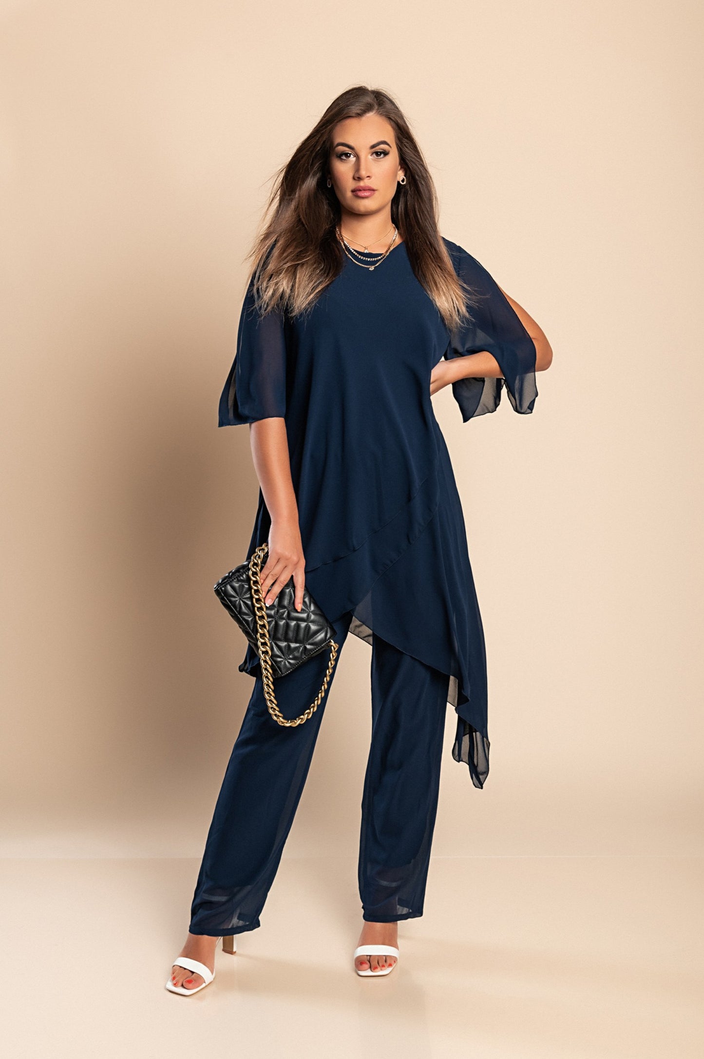 Set di elegante tunica traslucida e pantaloni lunghi Claudette, neri