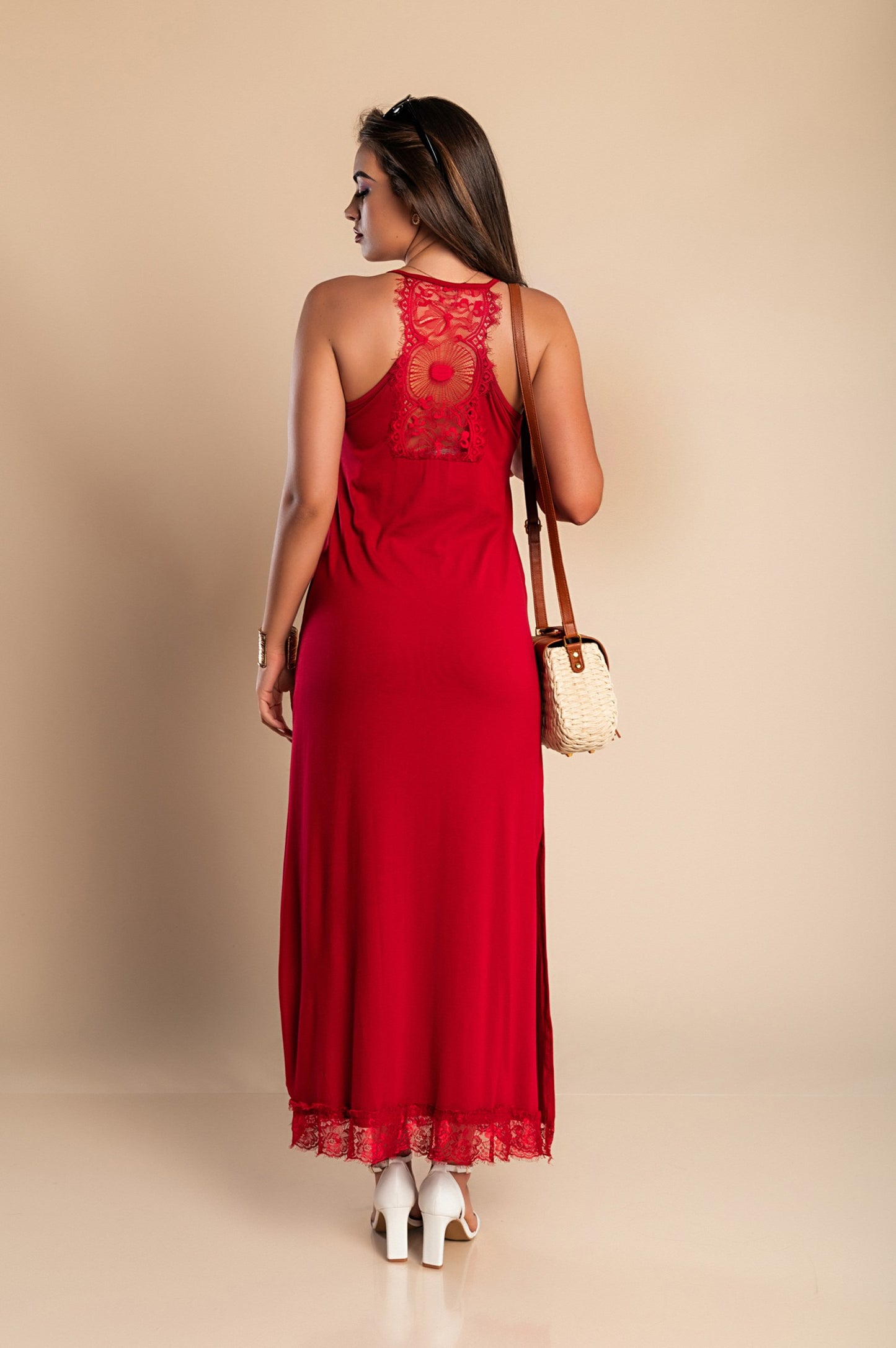 VESTITO MAXI CON PIZZO PRIMAROSA, NERO