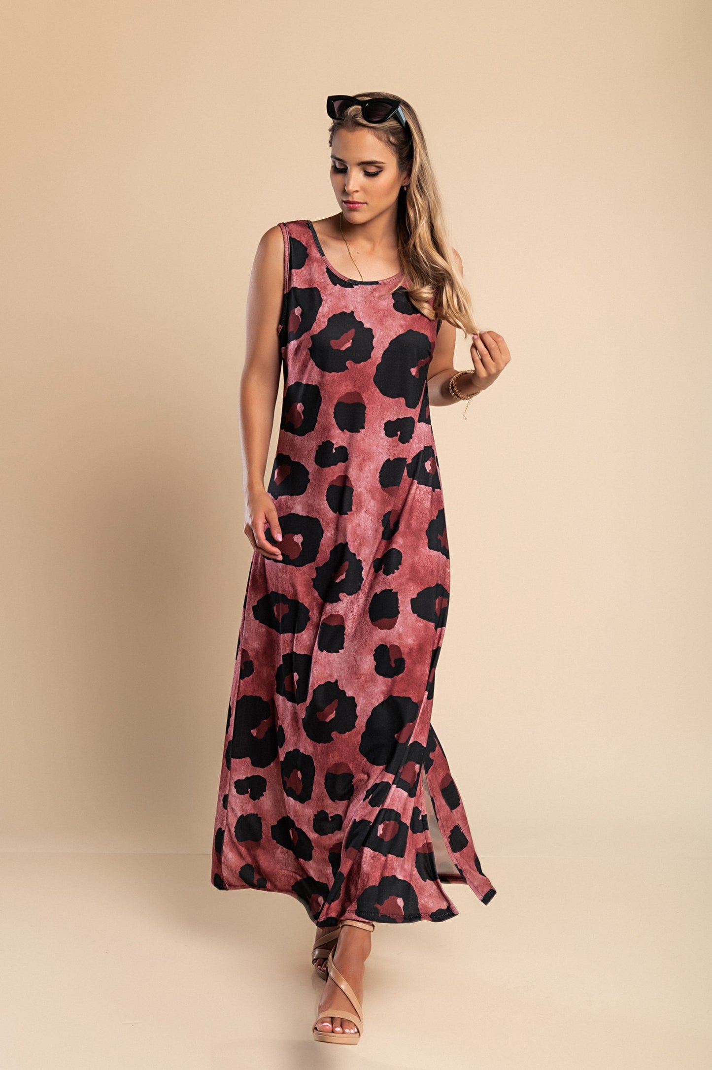 Abito lungo con stampa leopardata, blu