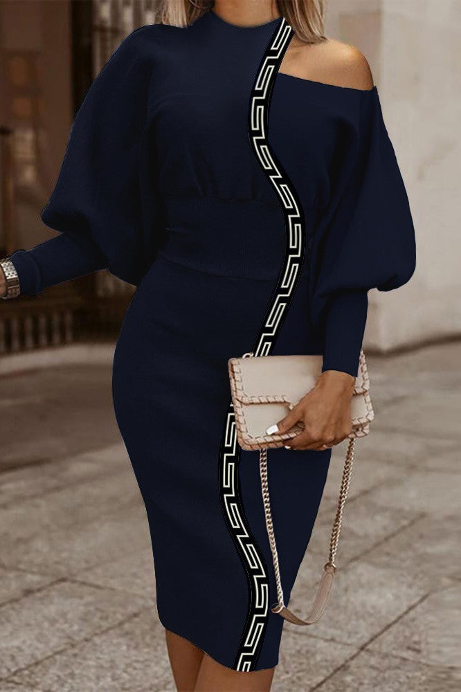 Elegante abito midi con stampa geometrica, nero e beige