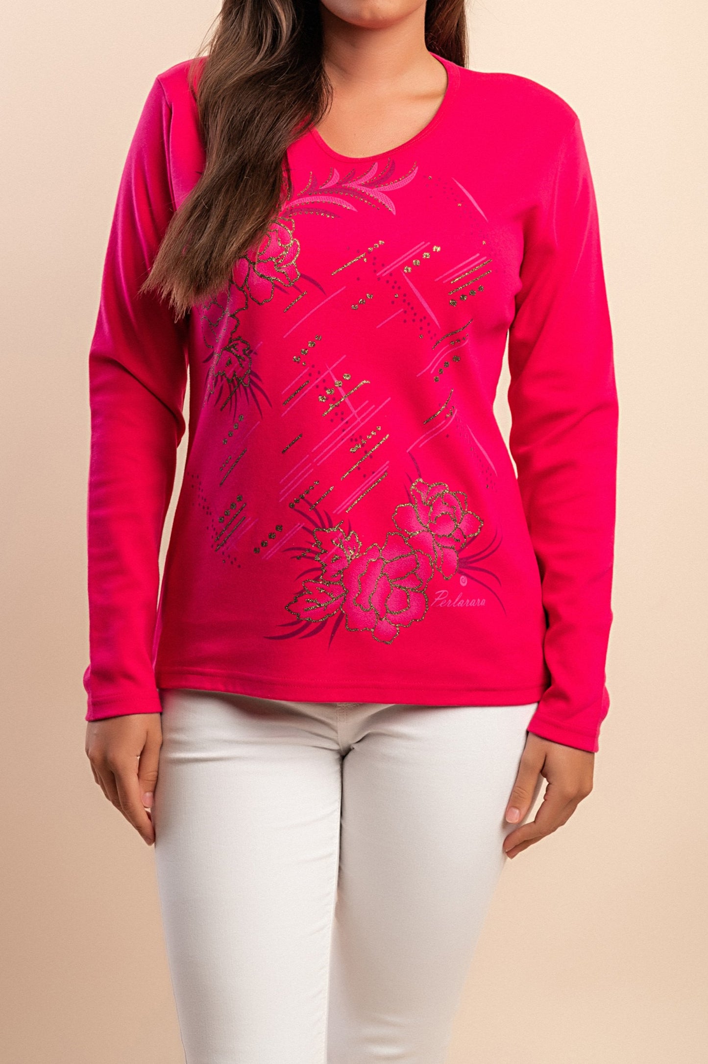 Top in cotone a maniche lunghe, rosa