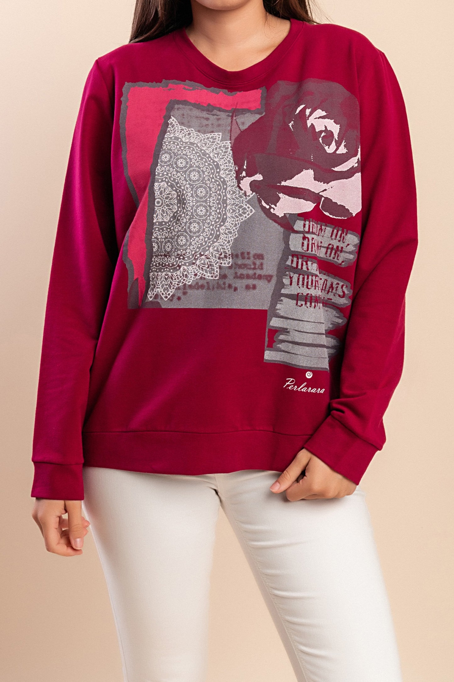 T-shirt a maniche lunghe con stampa, fucsia