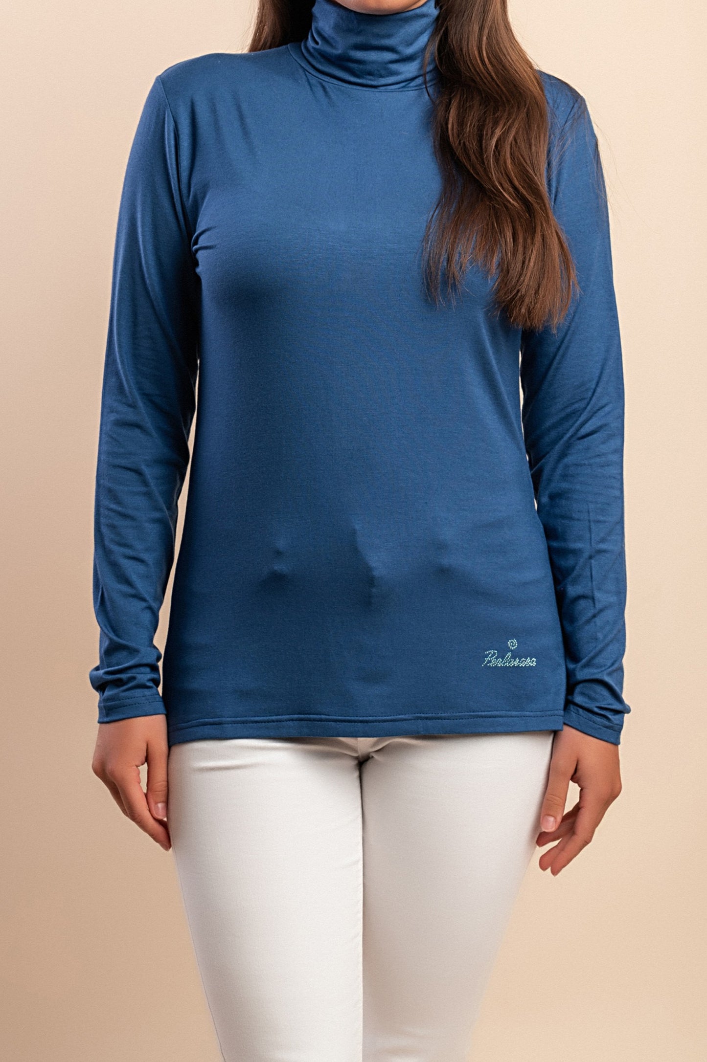 Top in viscosa con collo alto, blu scuro