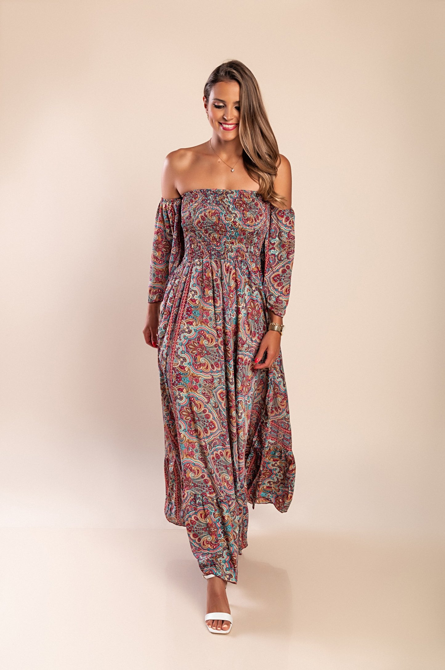 Abito maxi con stampa, multicolore