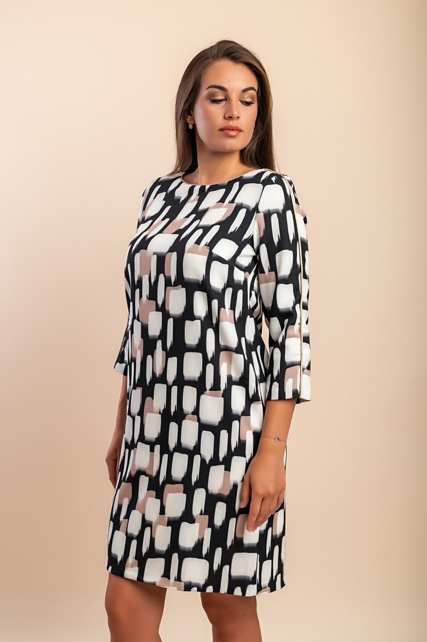 Abito midi con stampa, beige