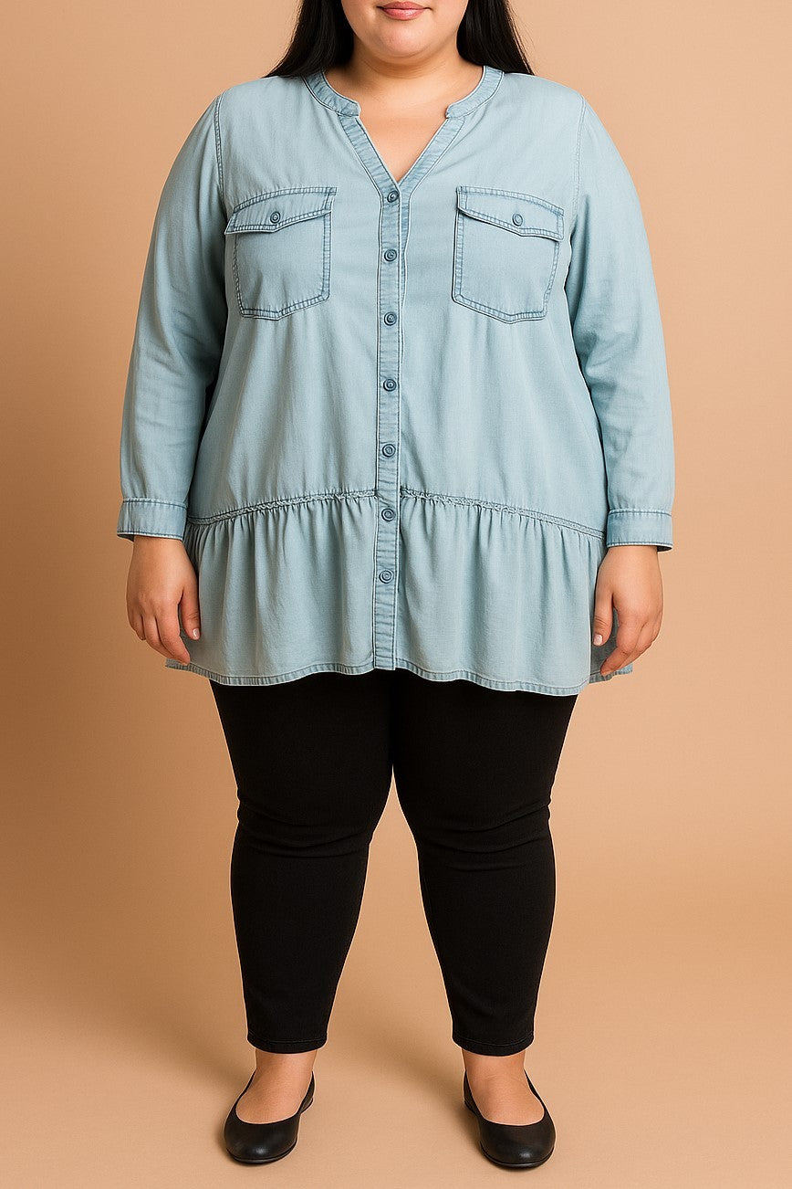 Camicia taglie forti con tasche, azzurra