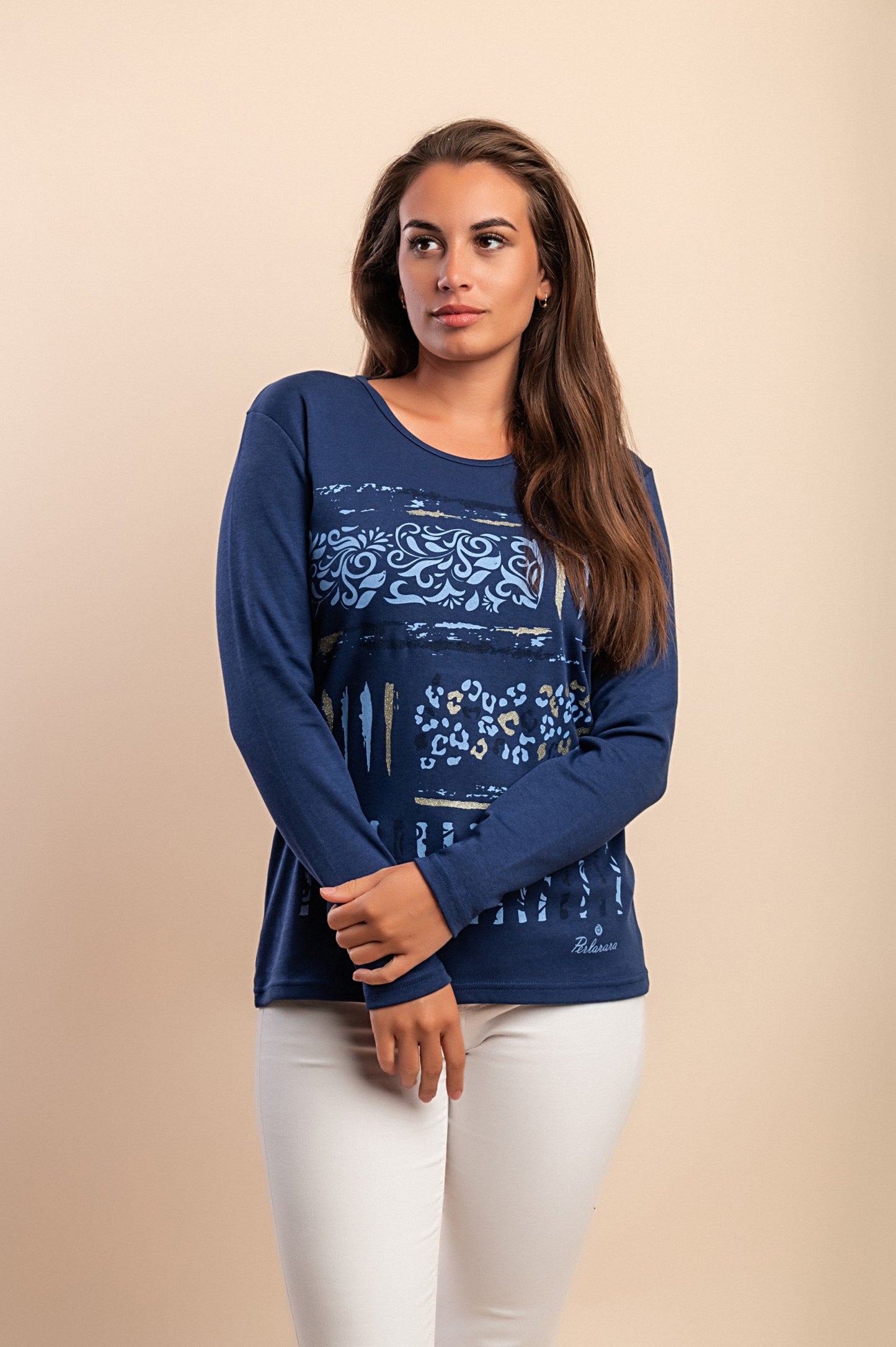 Top a maniche lunghe in cotone, blu scuro
