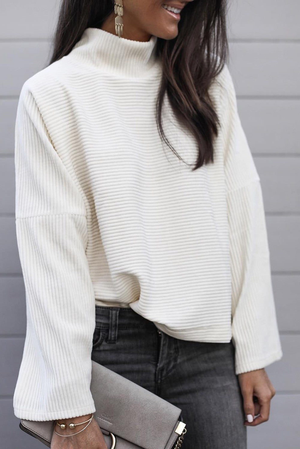 Top a costine con vestibilità ampia, bianco
