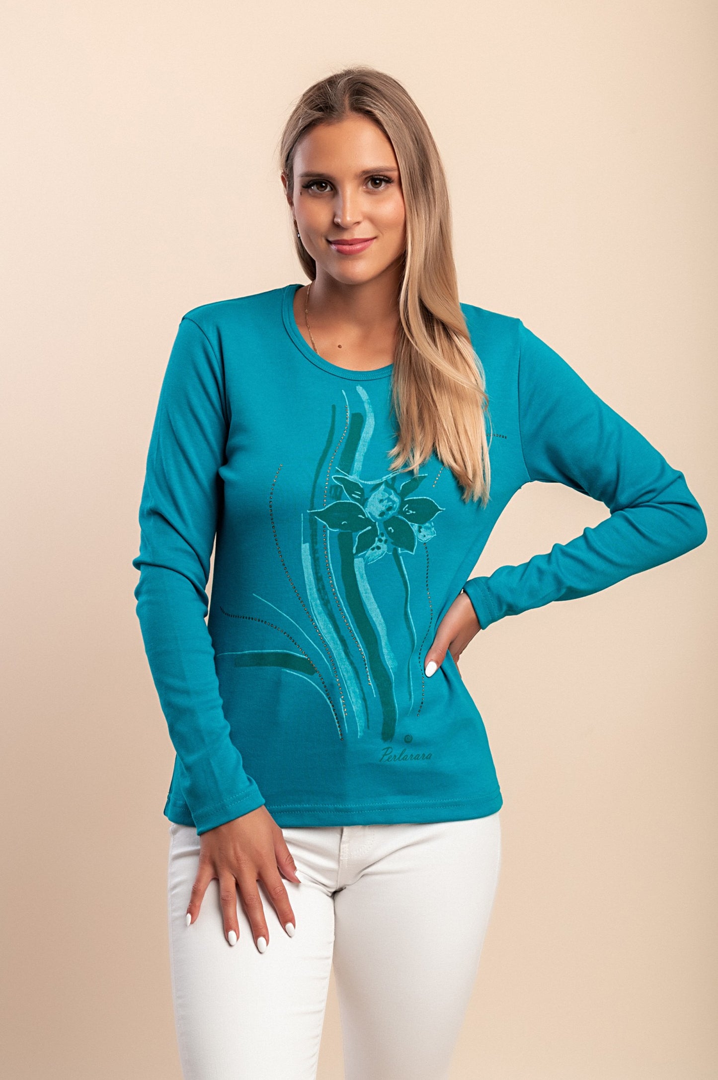 Maglia in cotone a maniche lunghe, turchese