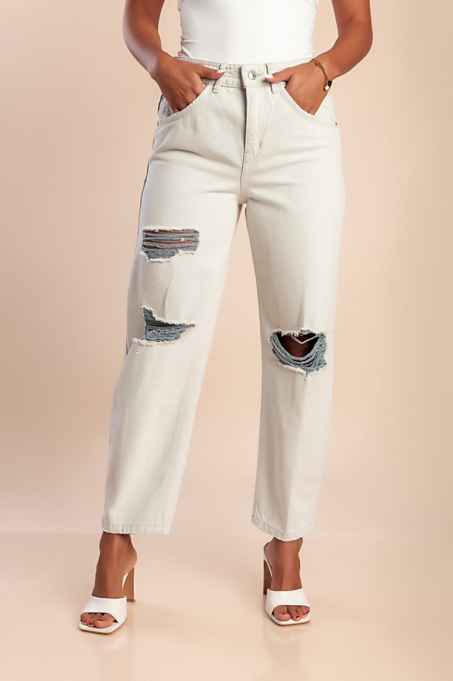 Jeans a vita alta con spacchi, grigio chiaro